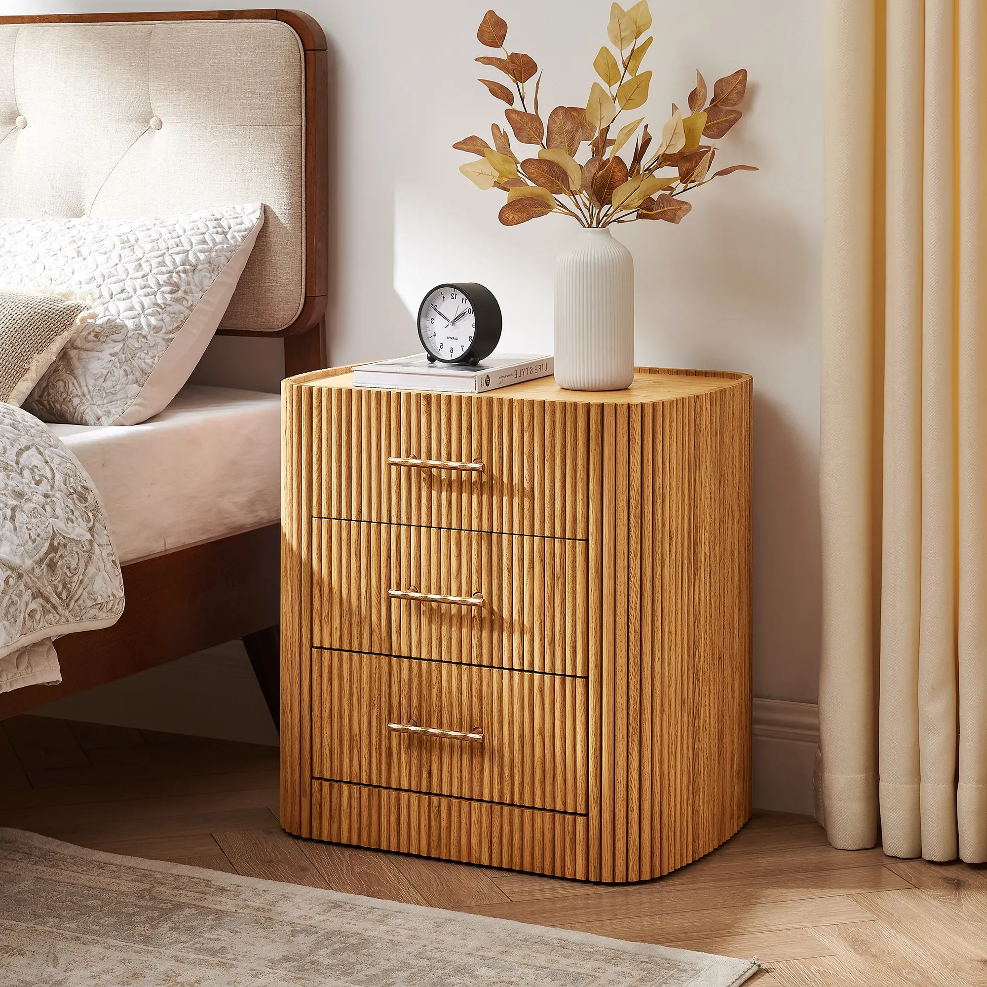 Astor Fluted Nightstand with 3 Drawers - Natural, Oak product