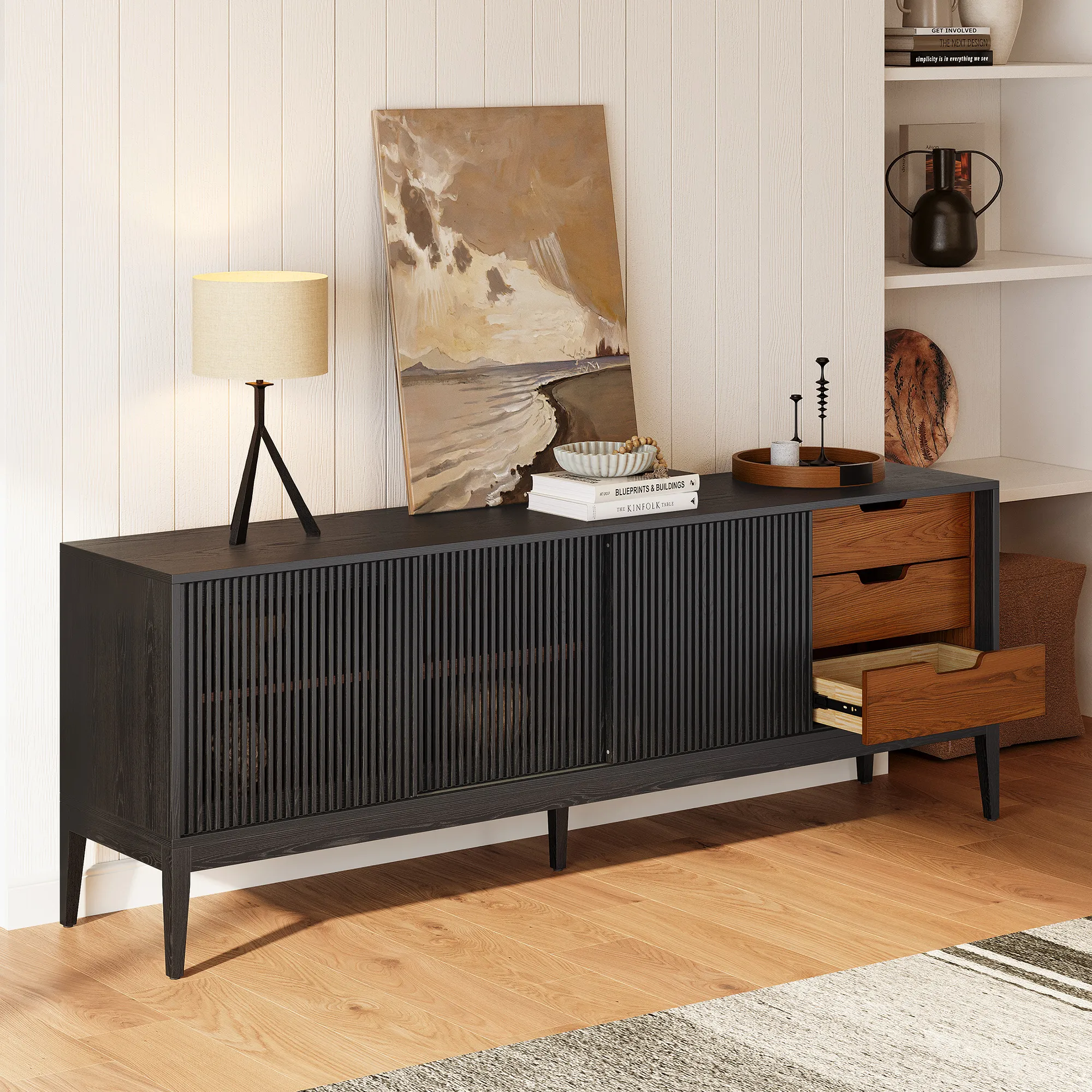 Astrid 84 Inch Slatted TV Stand with Sliding Door - Black, Oak product