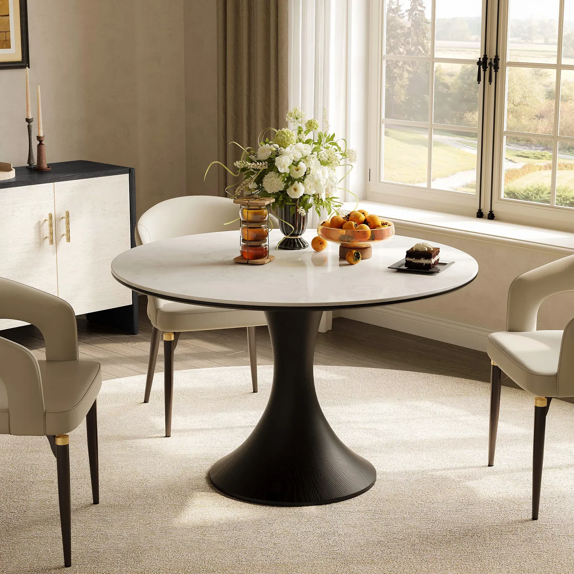 Berit Round Dining Table Tulip Pedestal - Black, Engineered Stone product