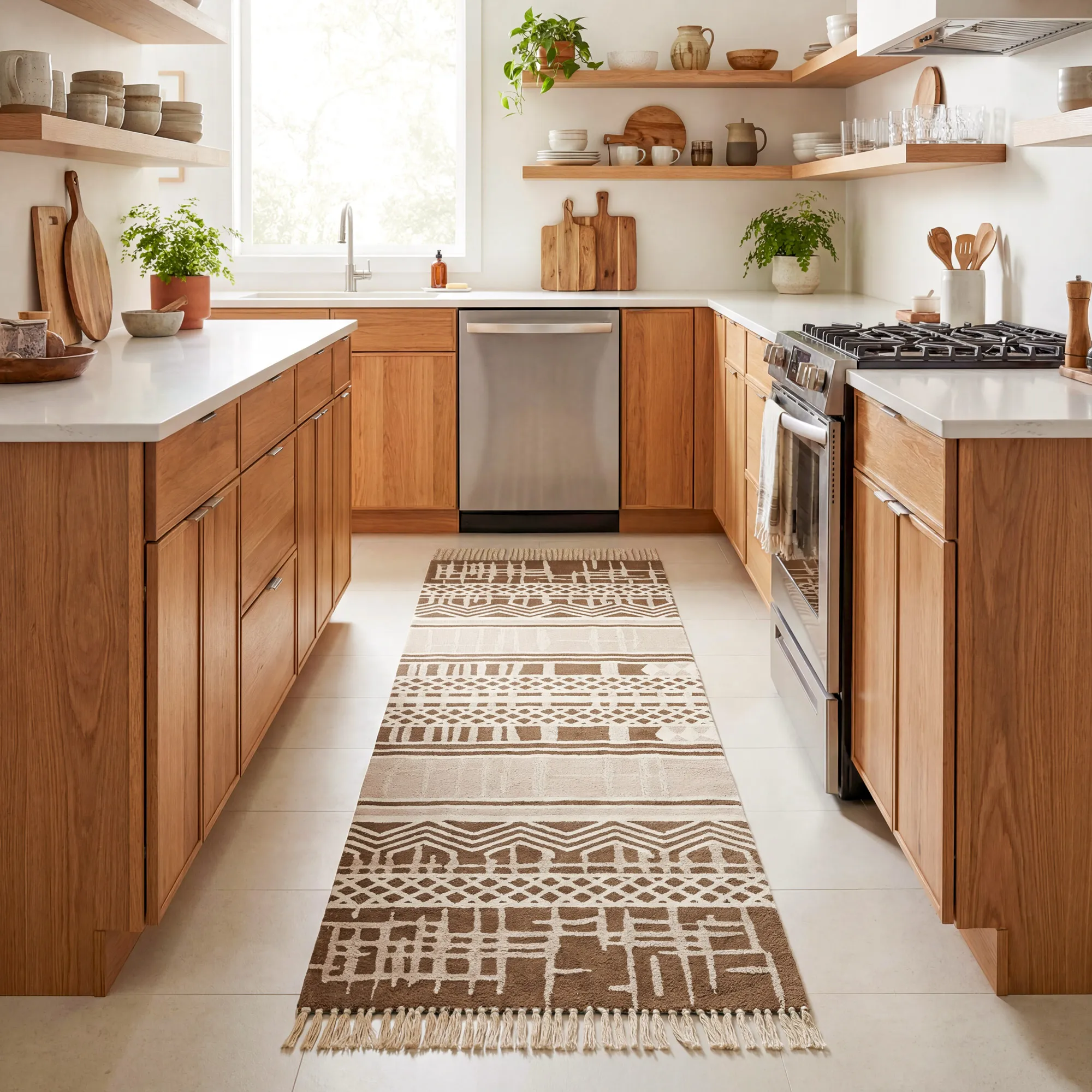 Bohemian Runner Rug with Fringed Edges - Brown, Wool product
