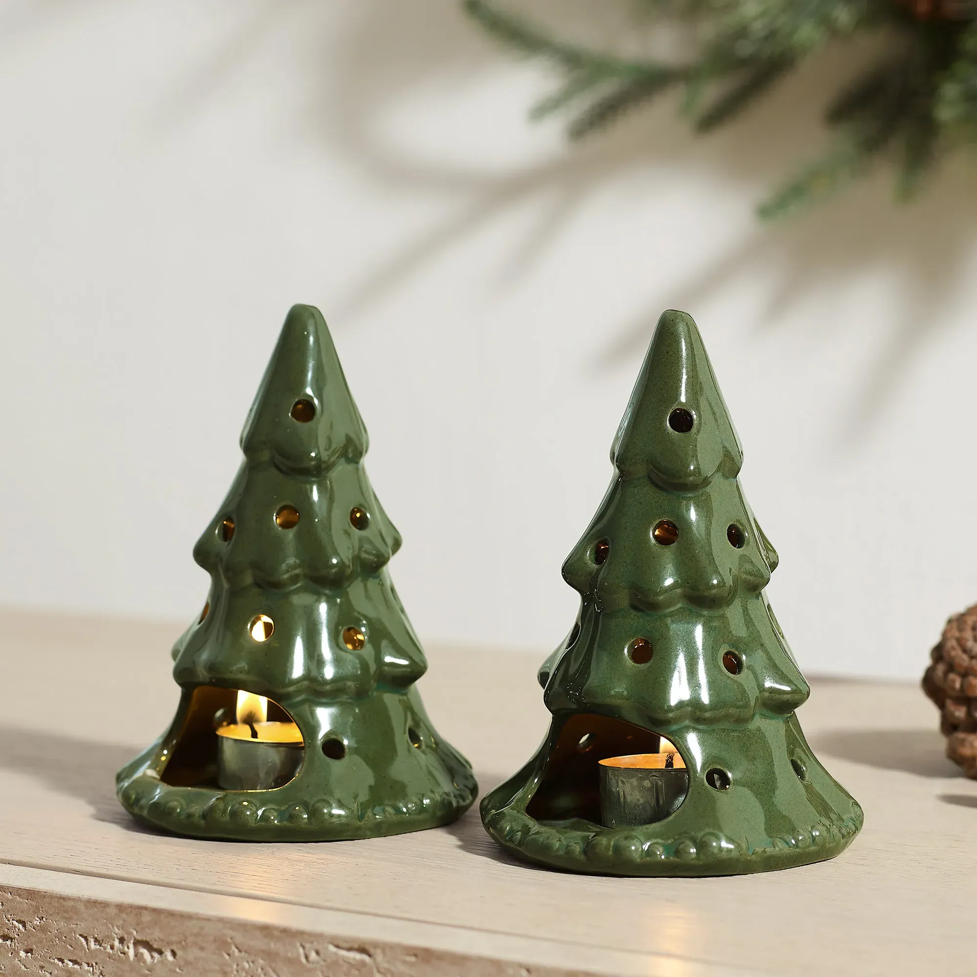Christmas Tree Candleholder Set of 2 - Dark Green, Ceramic product