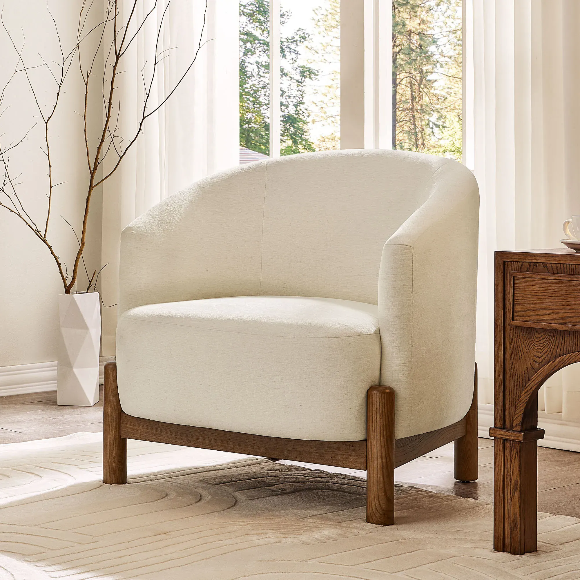 Curved Winged Accent Chair - Beige, Cotton product