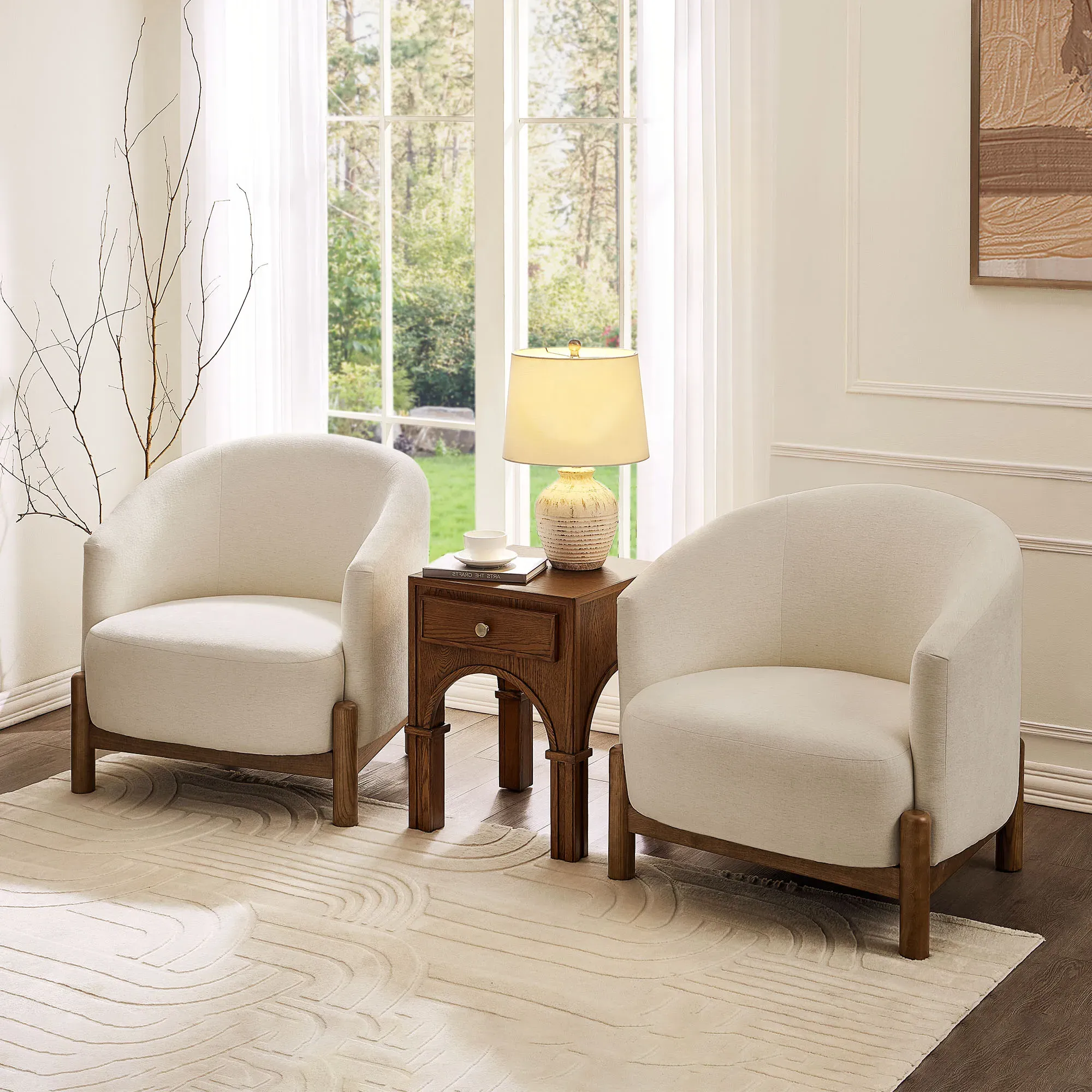 Curved Winged Accent Chair Set of 2 with Ash Wood Legs - Beige, Bouclé product