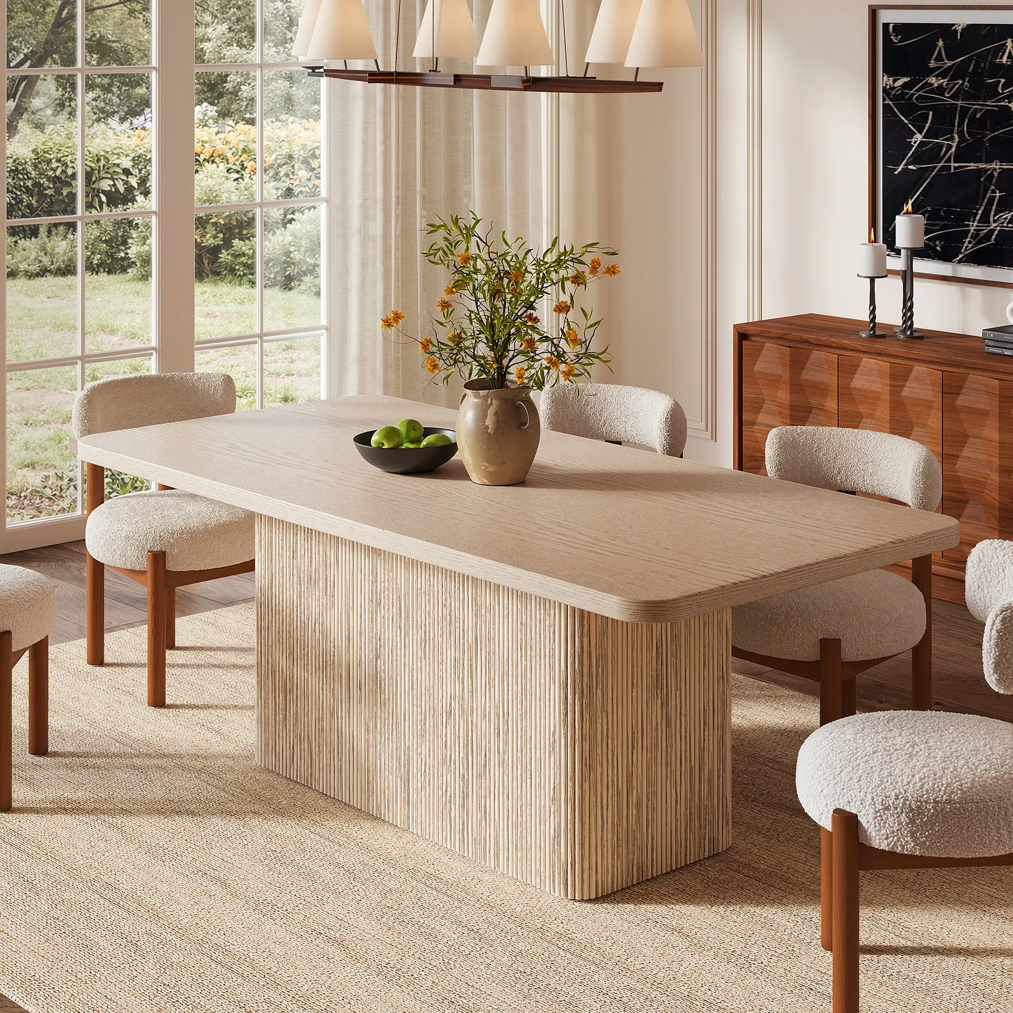 Eliseo Rectangular Dining Table Fluted Pedestal Base - Whitewash, Oak product