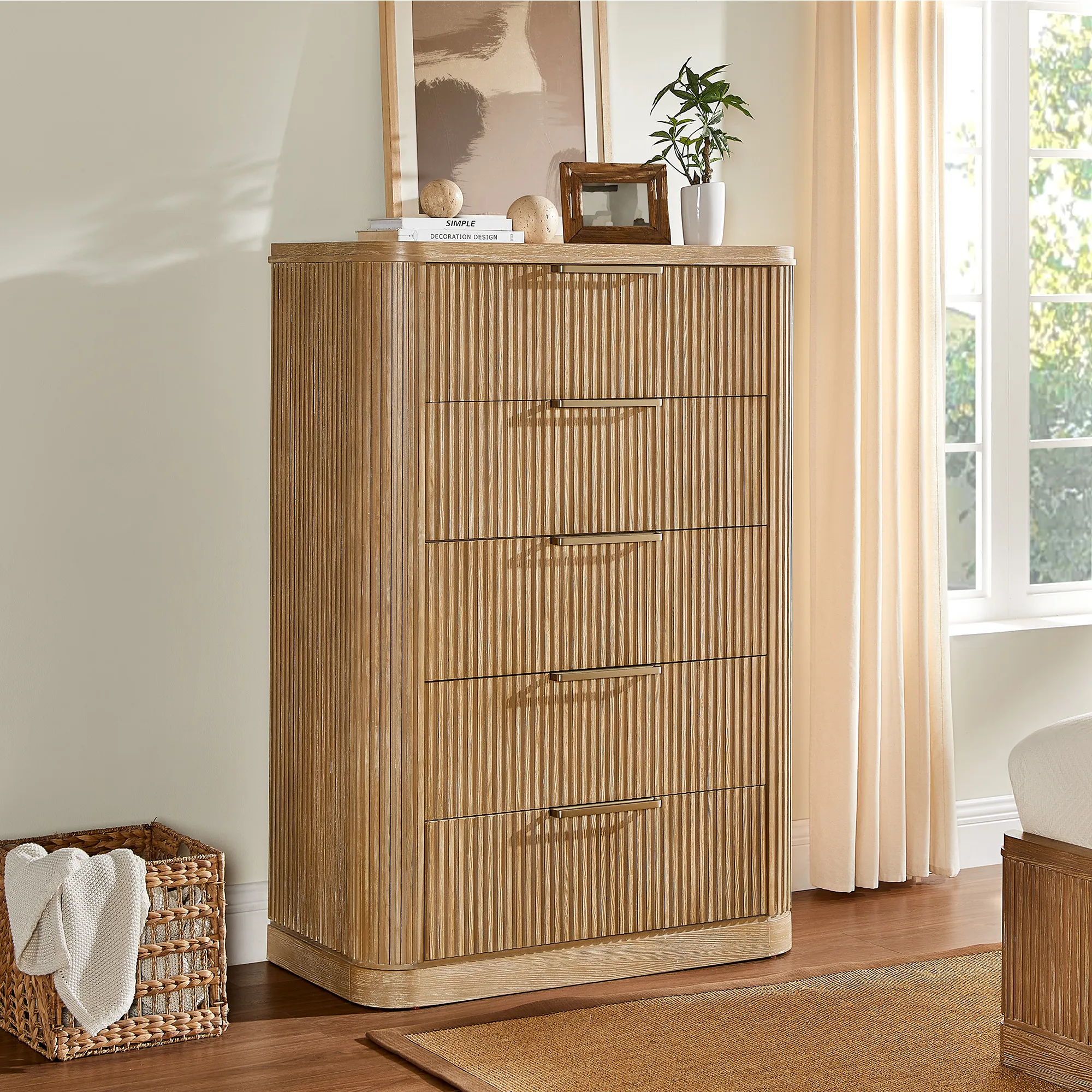 Finnley 5-Drawer Chest Fluted - Light Brown, Solid Wood product