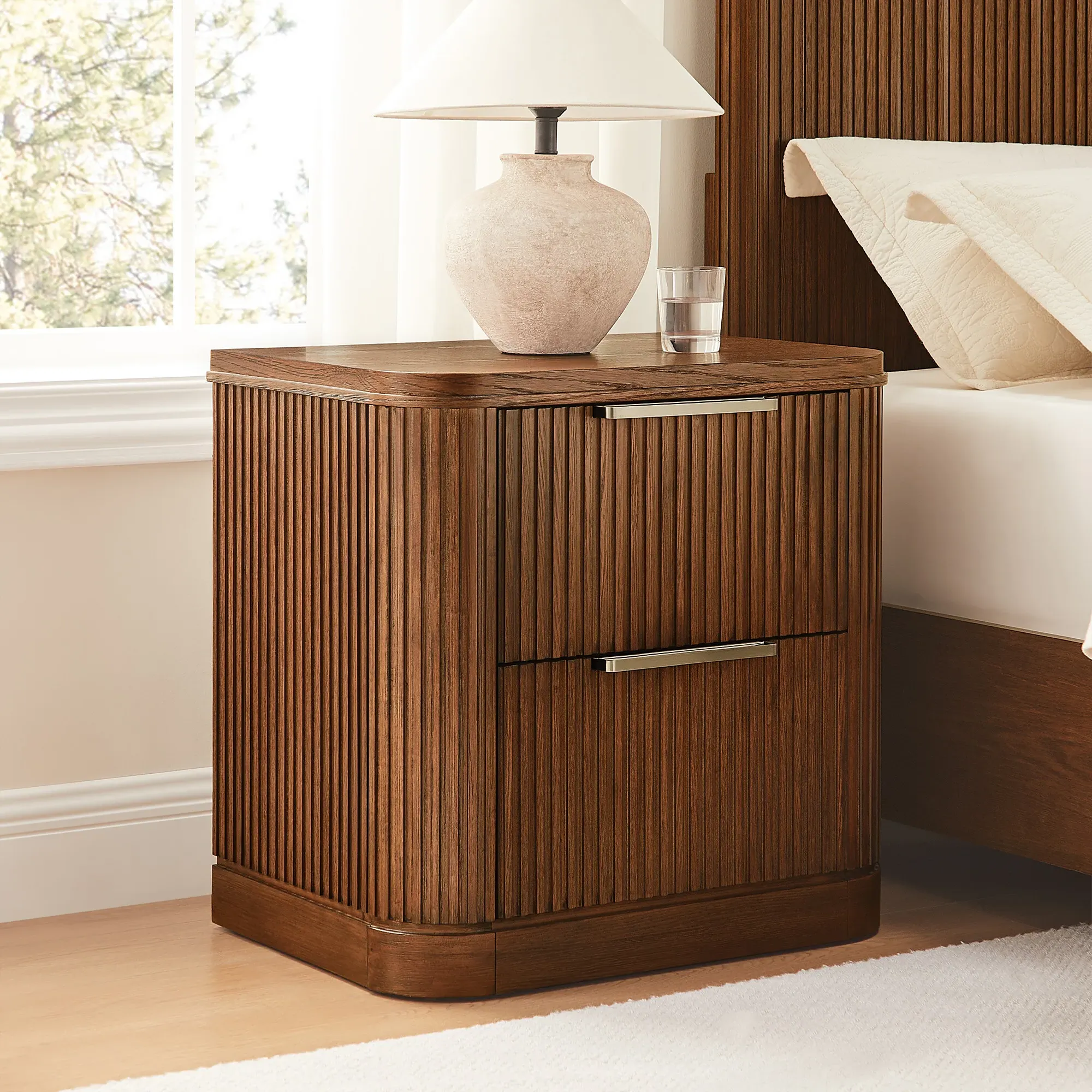 Finnley Fluted Nightstand with 2 Drawers - Warm Brown, Poplar Wood product