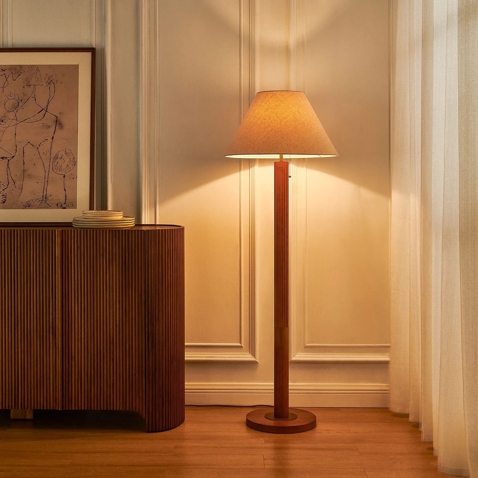 Floor Lamp with Pull-Chain Switch - Dark Brown, Ash Wood product
