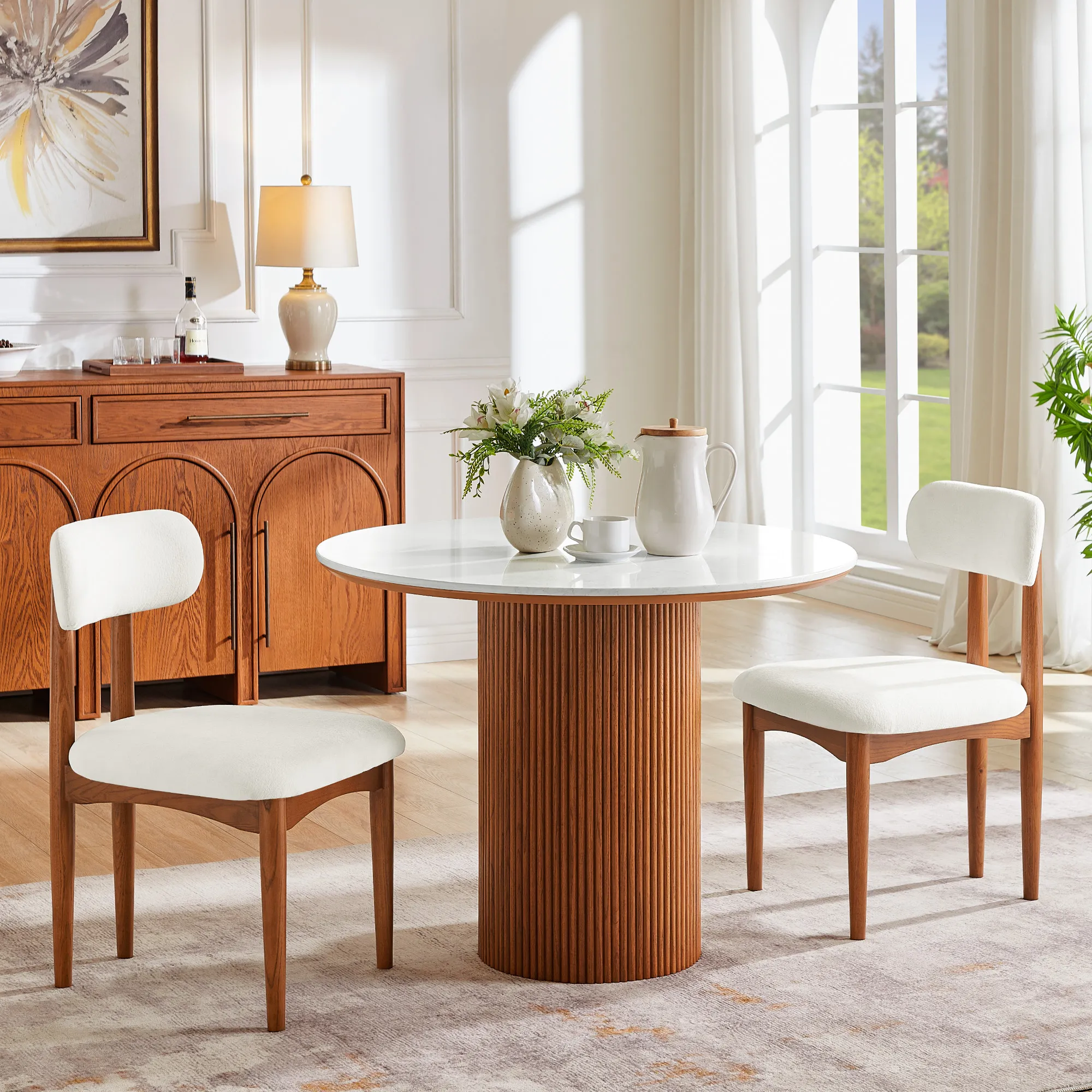 Fluted Solid Oak Round Dining Table Set for 2 - Brown product