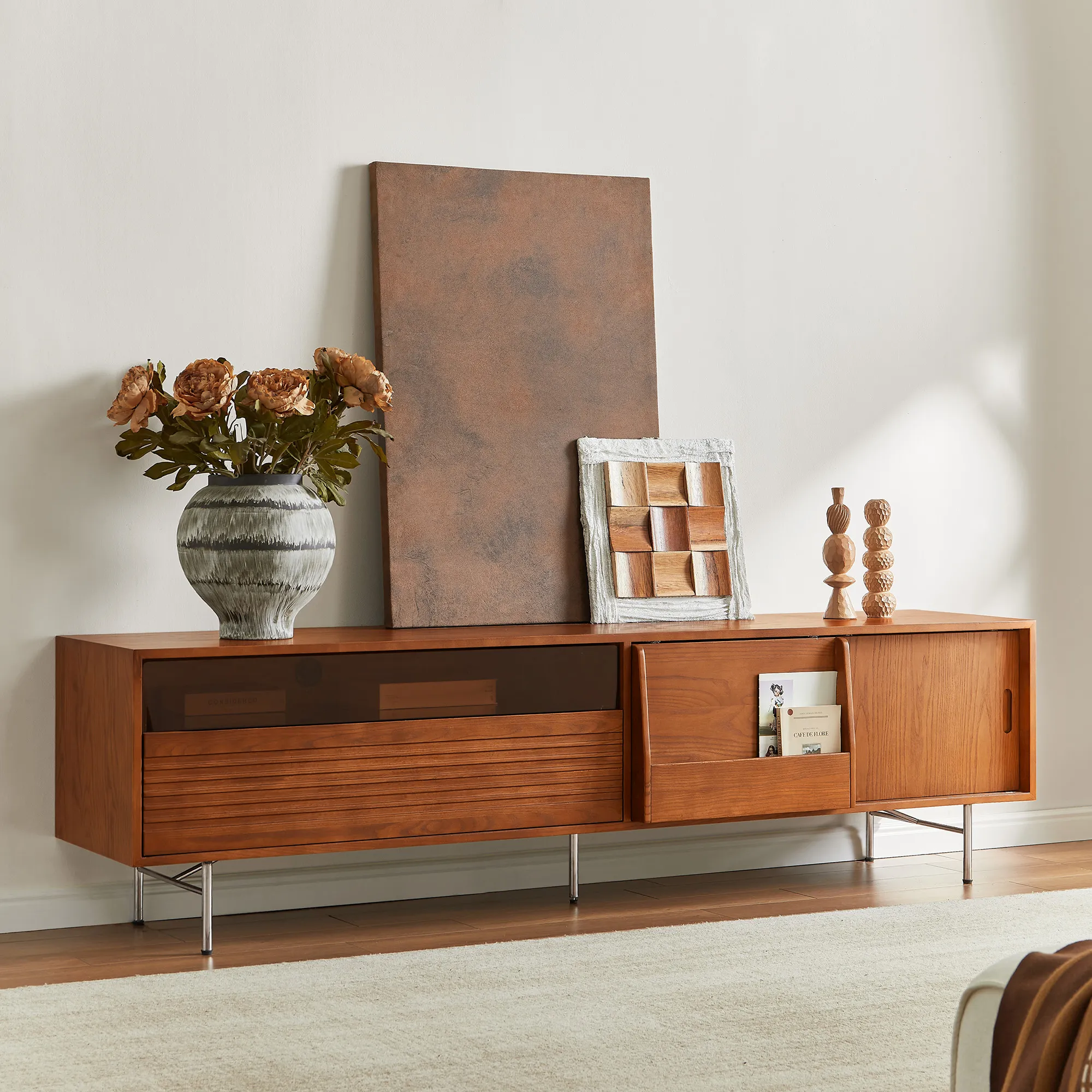 Frode 84" TV Stand with Drawer & Metal Legs - Warm Brown product