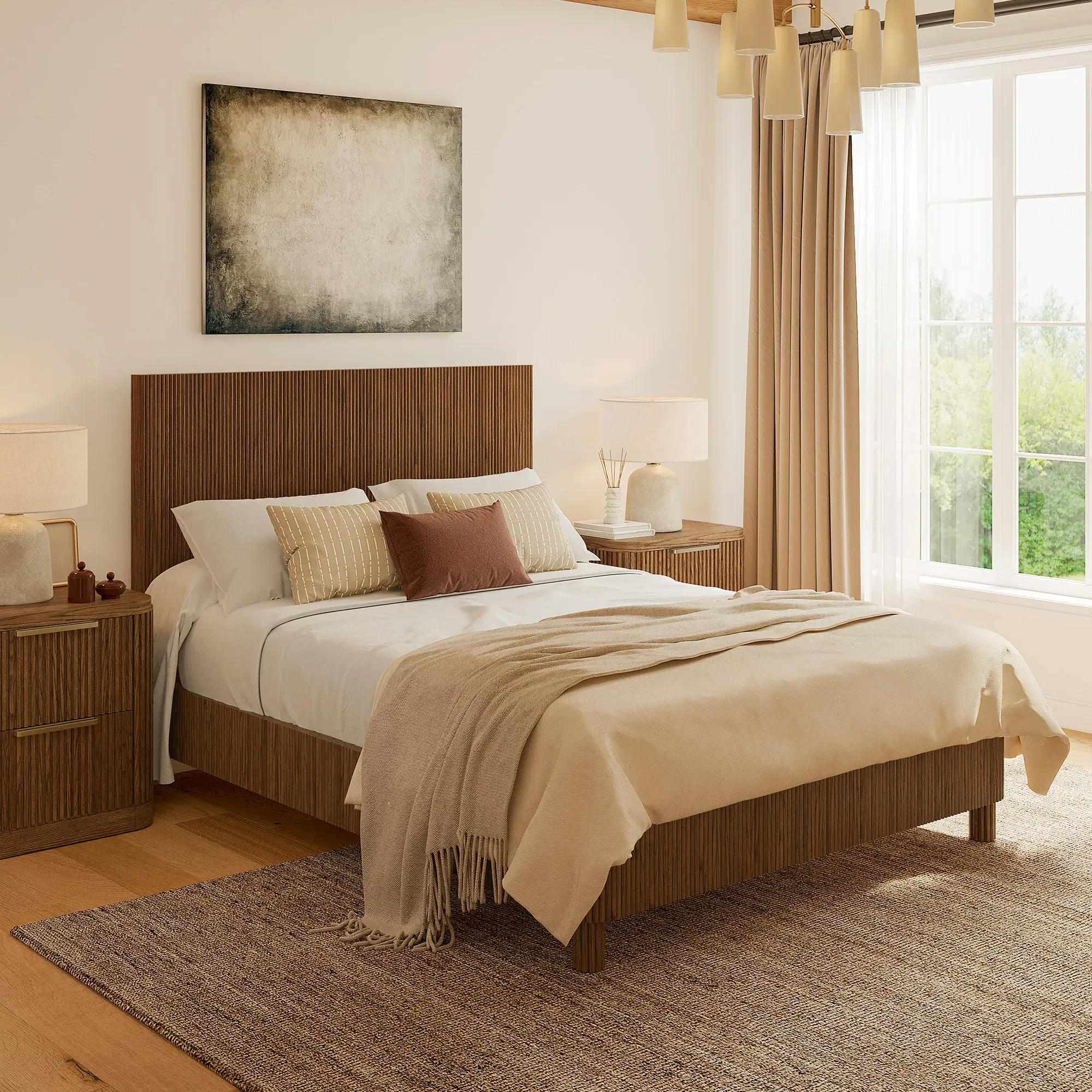 Fulton Queen Size Fluted Bed Frame - Brown, Solid Wood product