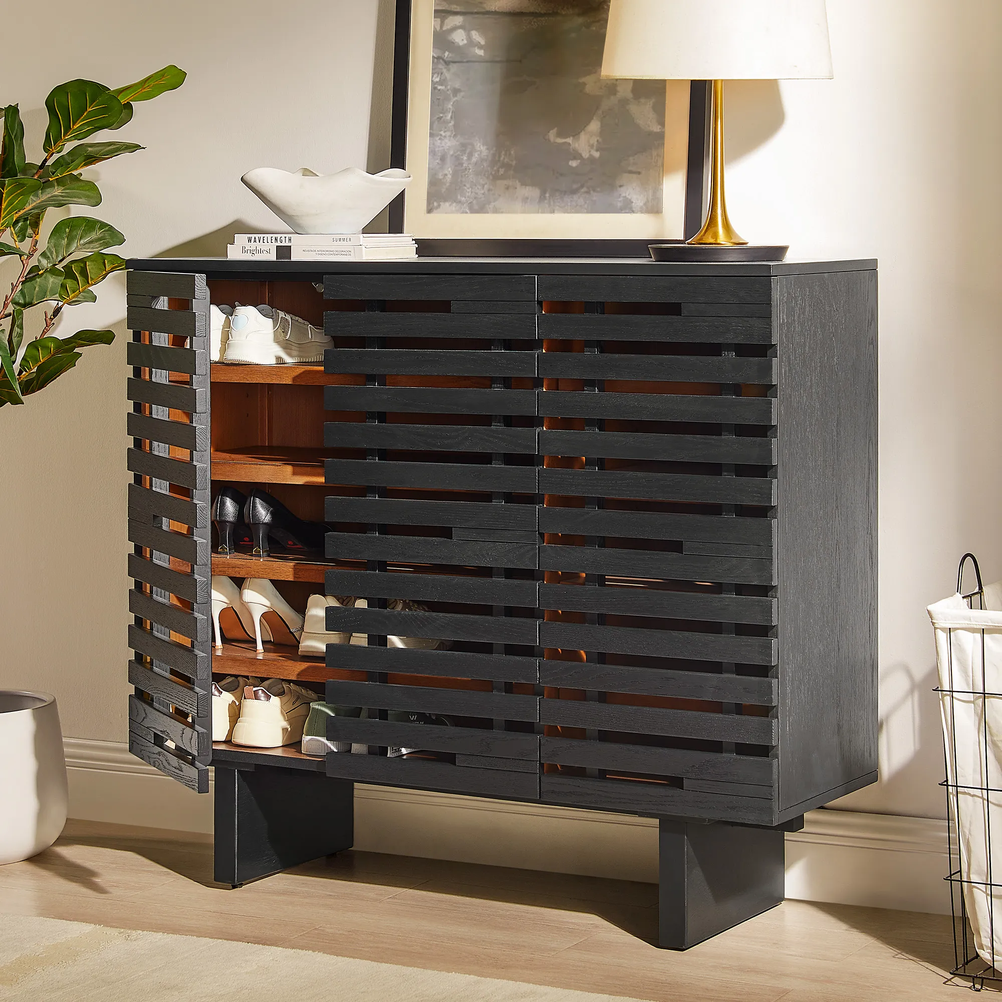 Ingrid 5-Tier Shoe Storage Cabinet with Doors - Black, Oak product