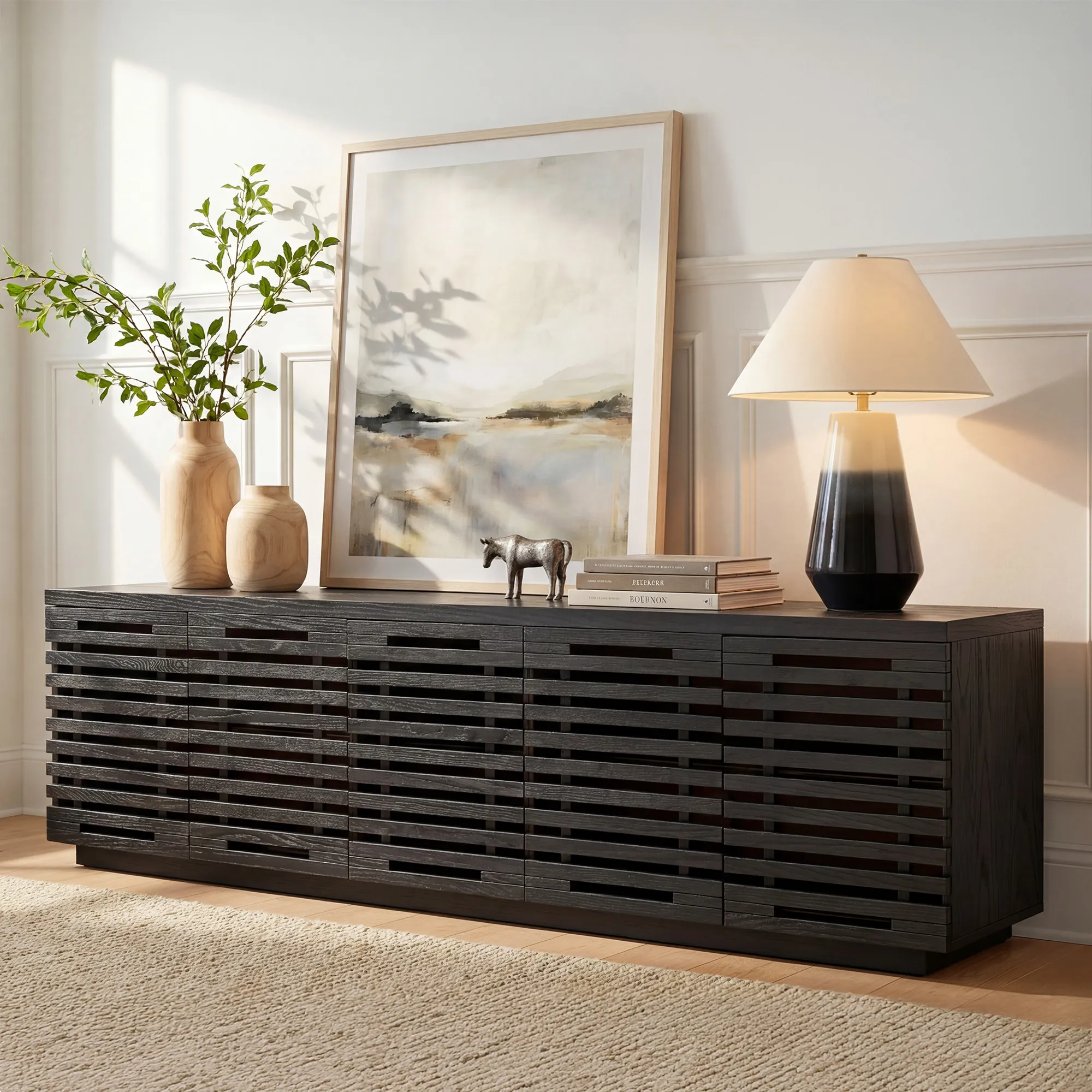 Ingrid Slatted TV Stand with Storage - Black, Oak product