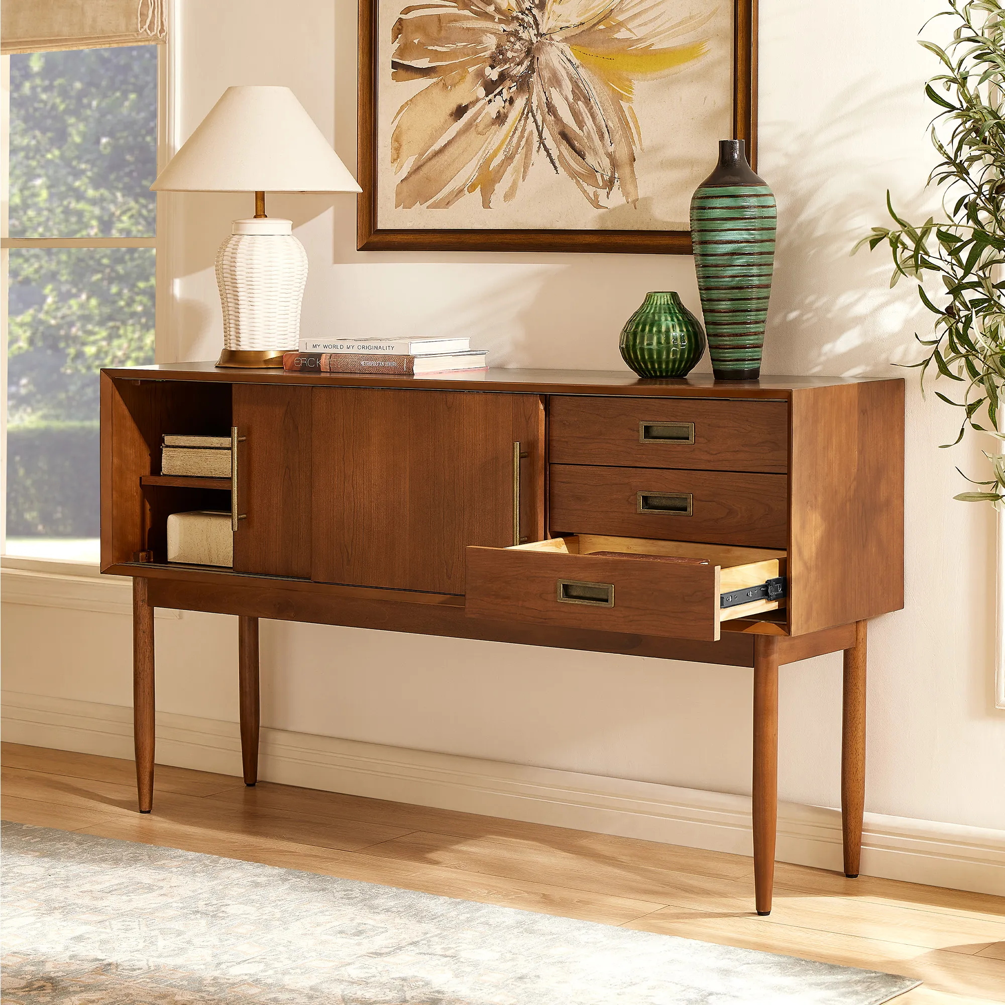 Kaden 60 Inch Console Table with 3 Drawers - Cherry, Rubberwood product