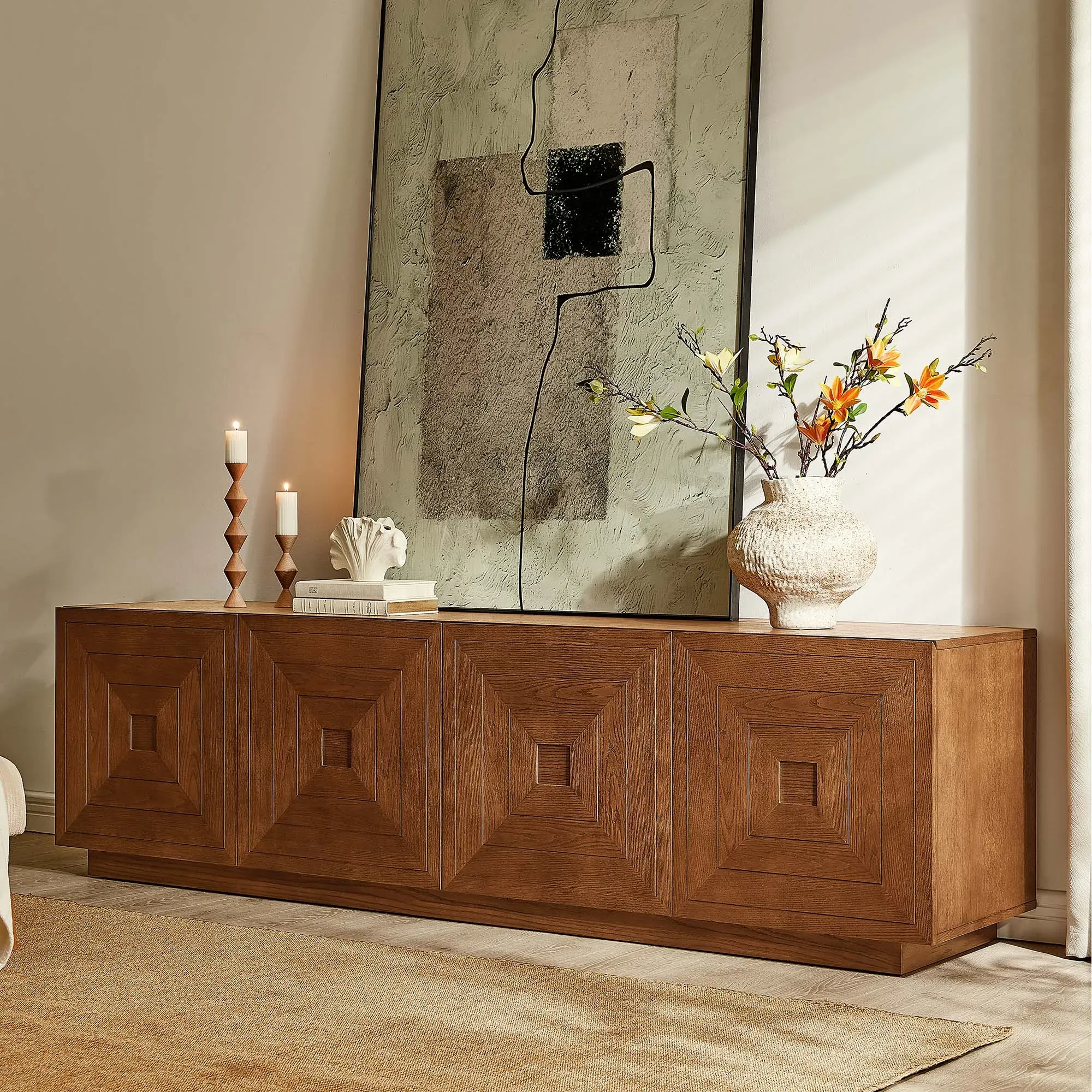 Kaisa 86" TV Stand with Storage - Warm Brown, Oak Veneer product