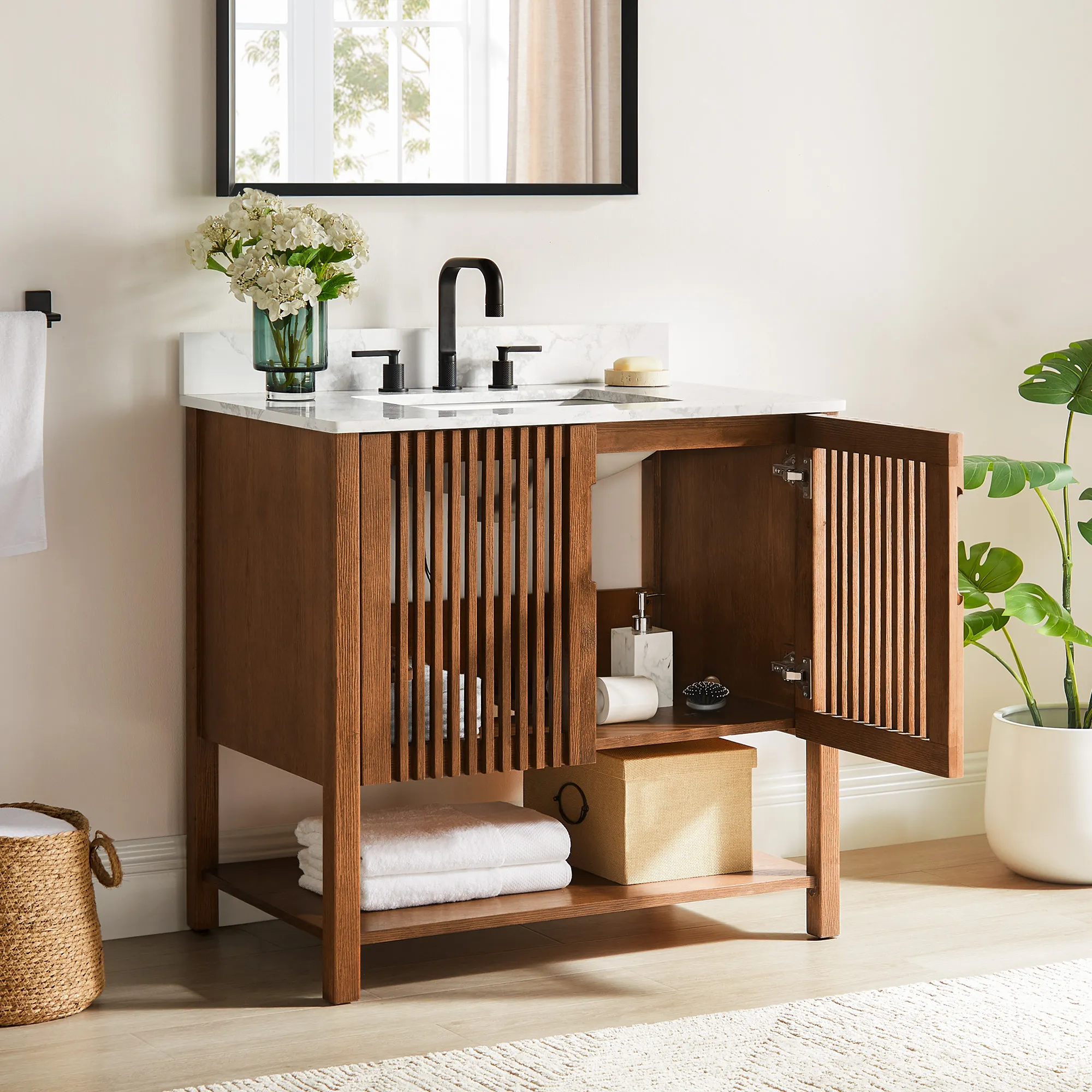 Kaspar Single Bathroom Vanity with Open Shelves - Warm Brown, Oak product