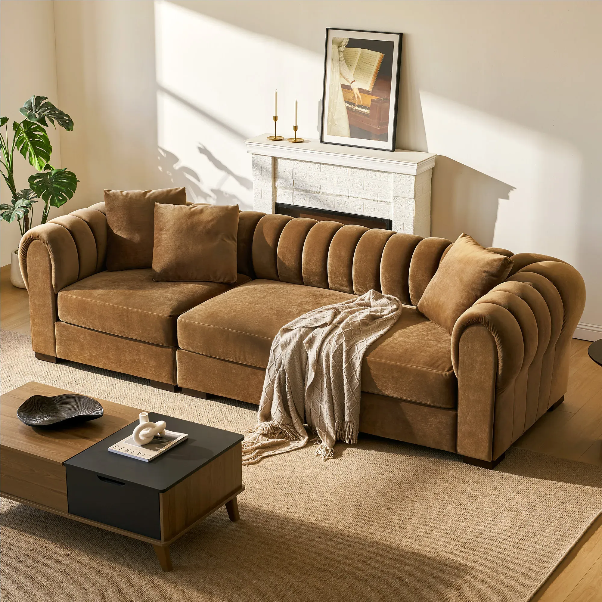 Kystlin 3-Piece Sectional Sofa - Brown, Velvet product