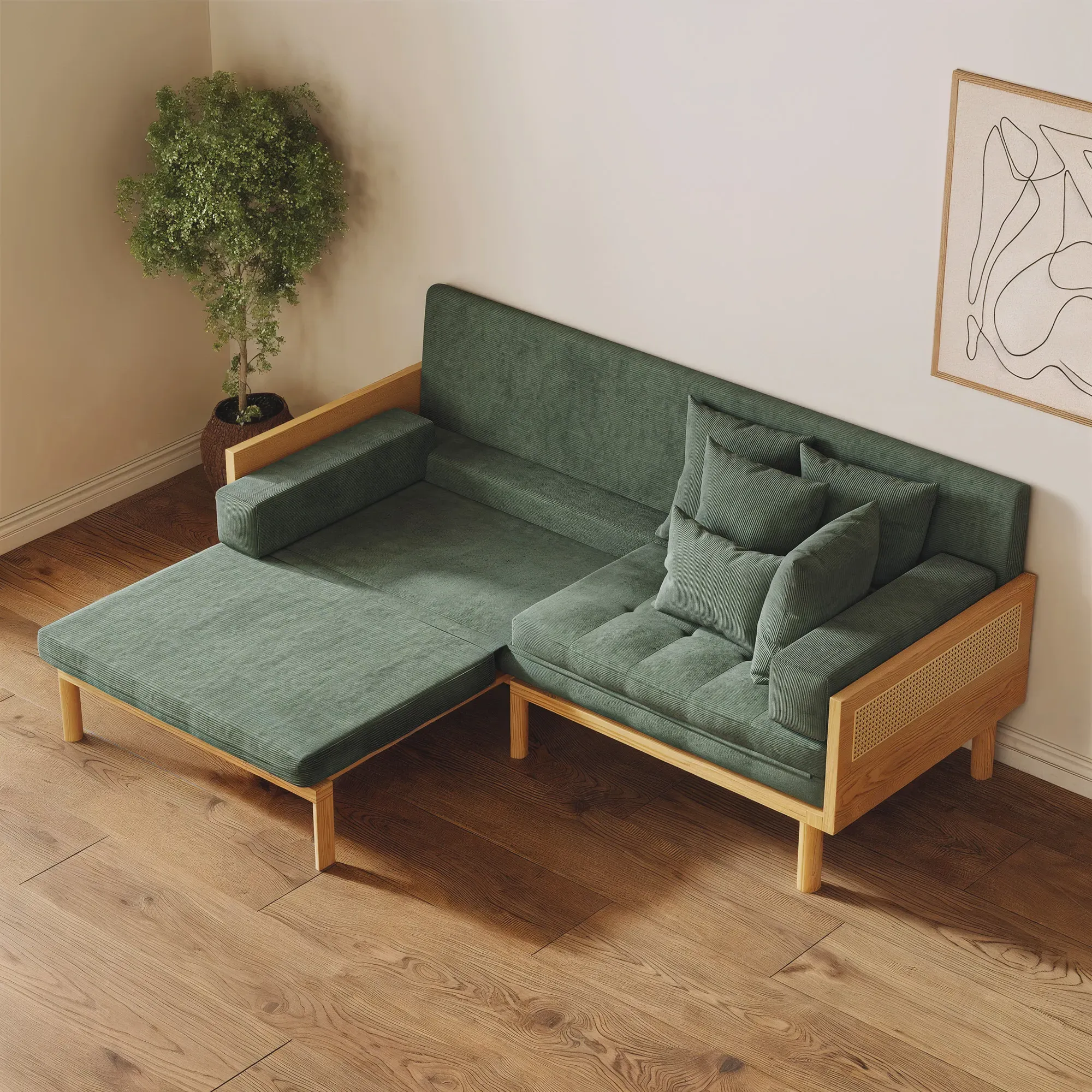 L-Shaped Sofa Bed with Corduroy Upholstery - Natural, Ash Wood product