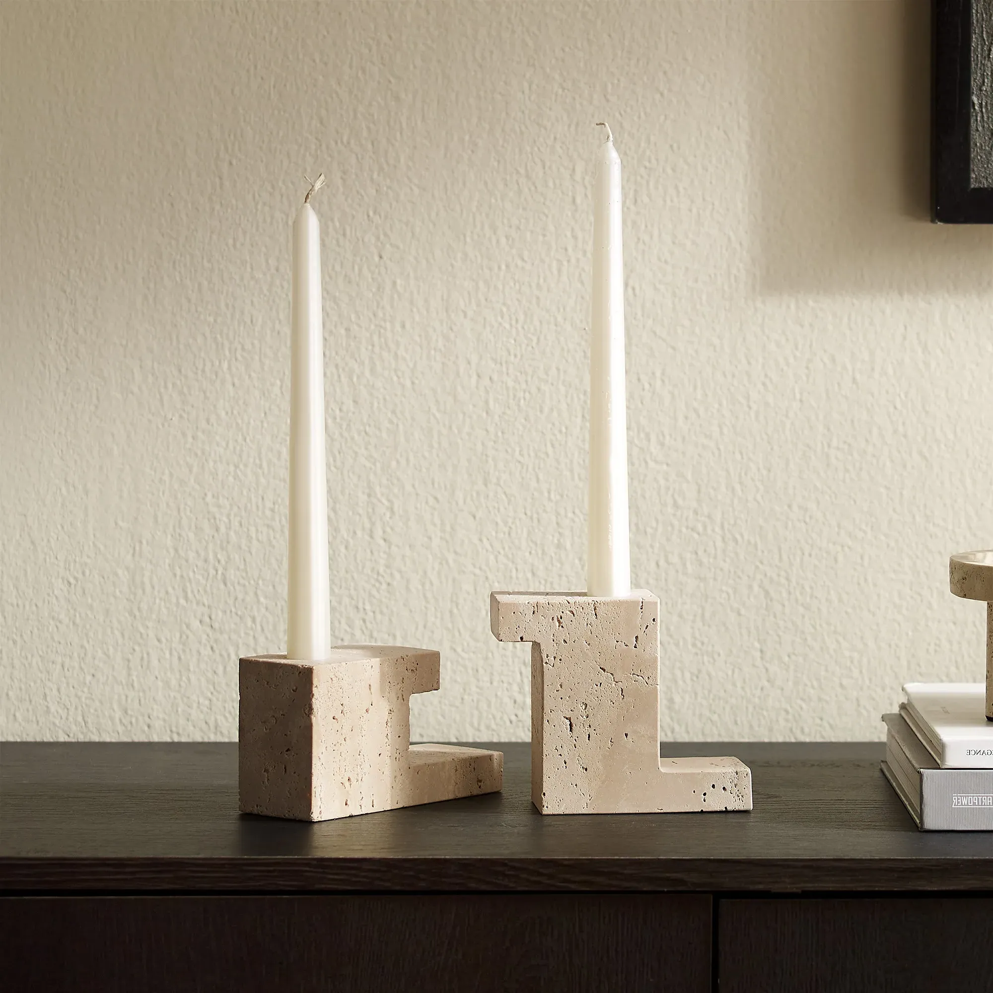 L-Shaped Travertine Candleholder Set - Beige product