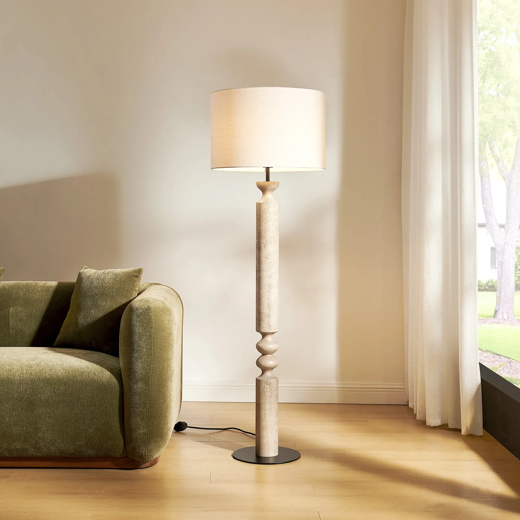 Lime-Washed Rubber Wood Floor Lamp - Beige, Linen product