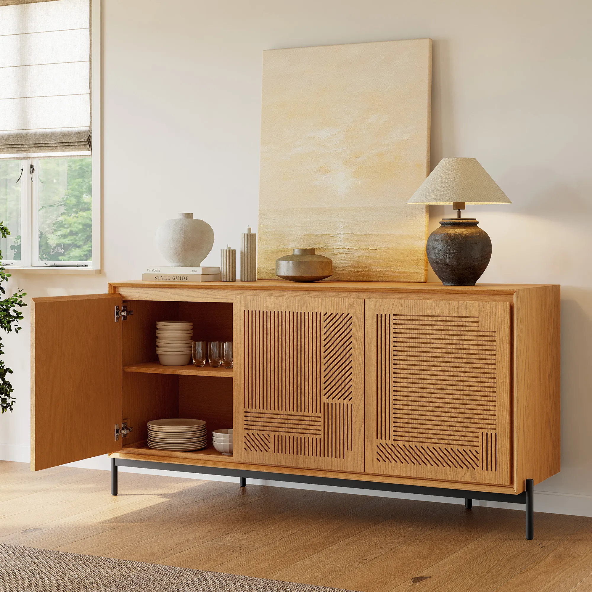 Linea 65 Narrow Sideboard with Adjustable Shelves - Natural, Engineered Wood product