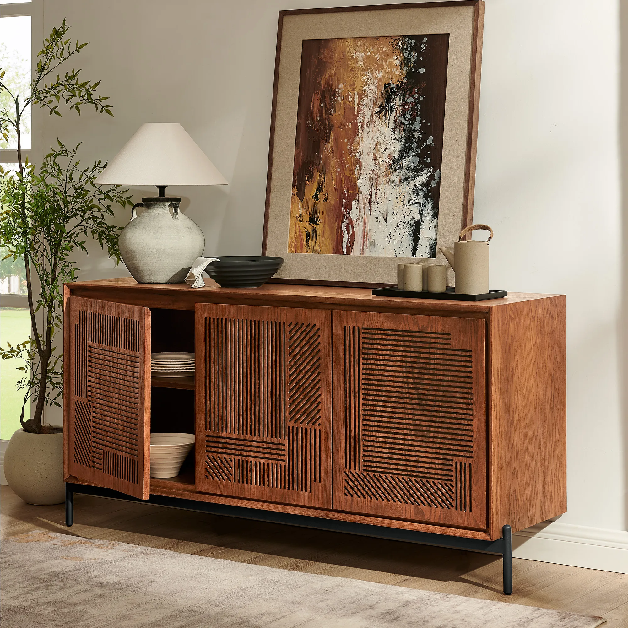 Linea Sideboard with Glass Doors - Walnut, Engineered Wood product