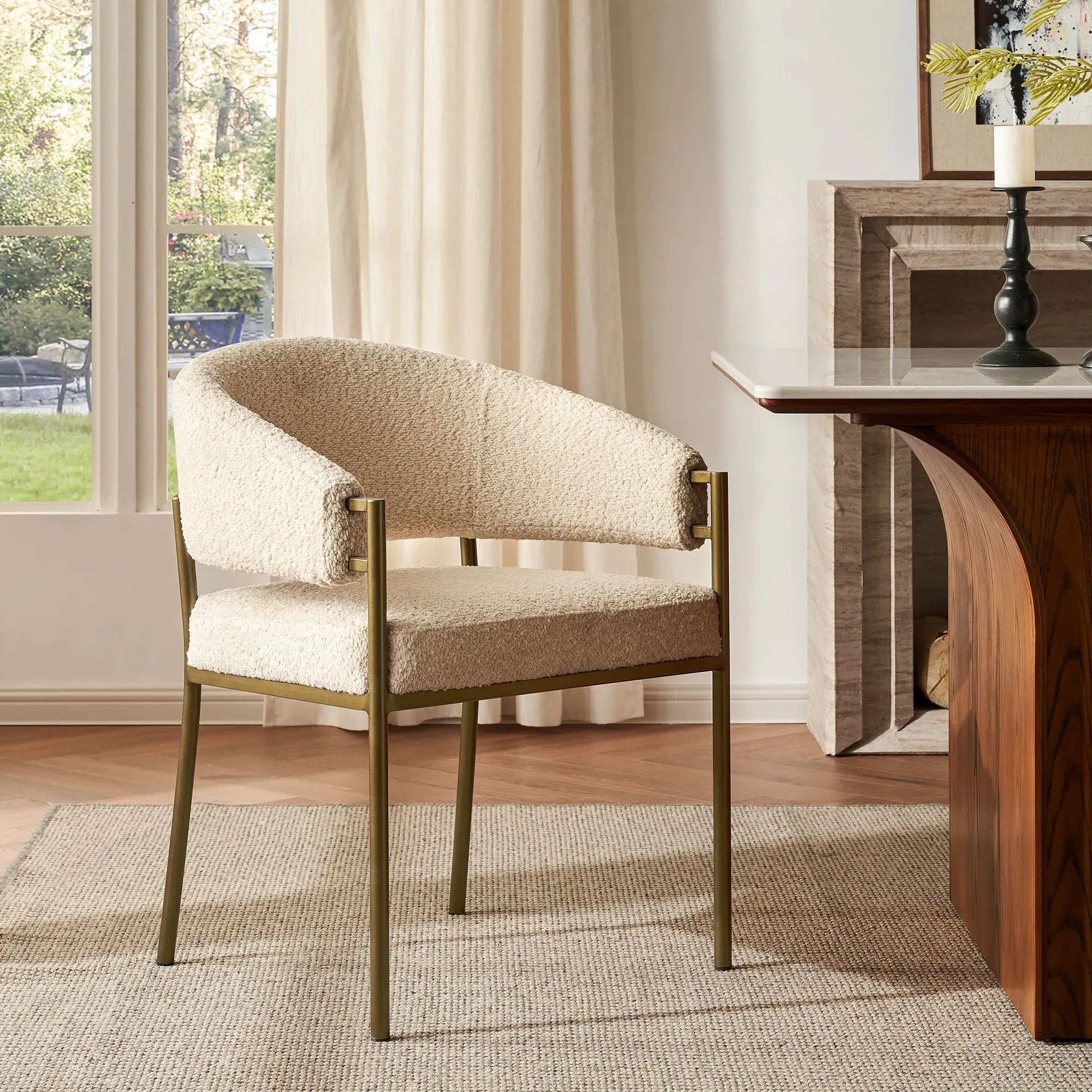 Lior Dining Armchair with Antique Brass Legs - Bronze, Boucle product