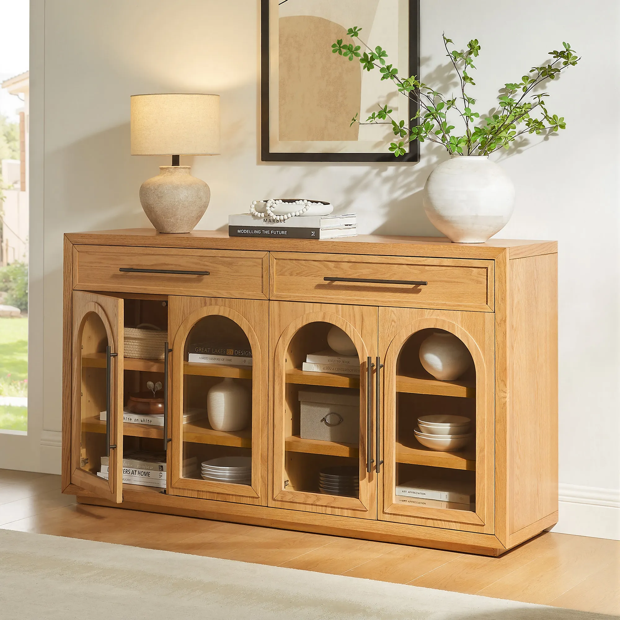 Lira 63" Arched Sideboard with Glass Doors - Natural, Oak product