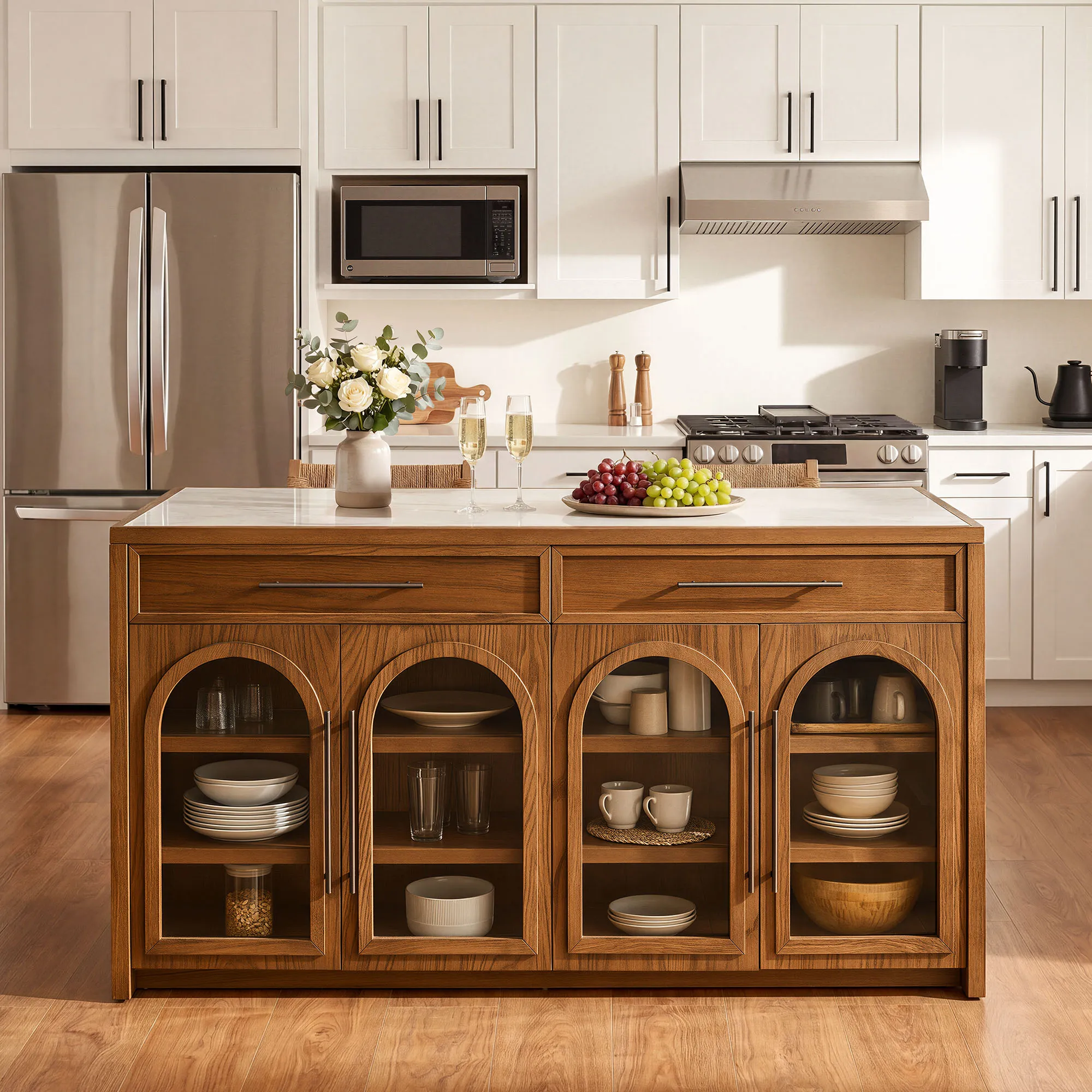 Lira 72" Kitchen Island with Arched Glass Doors - Black, Oak product