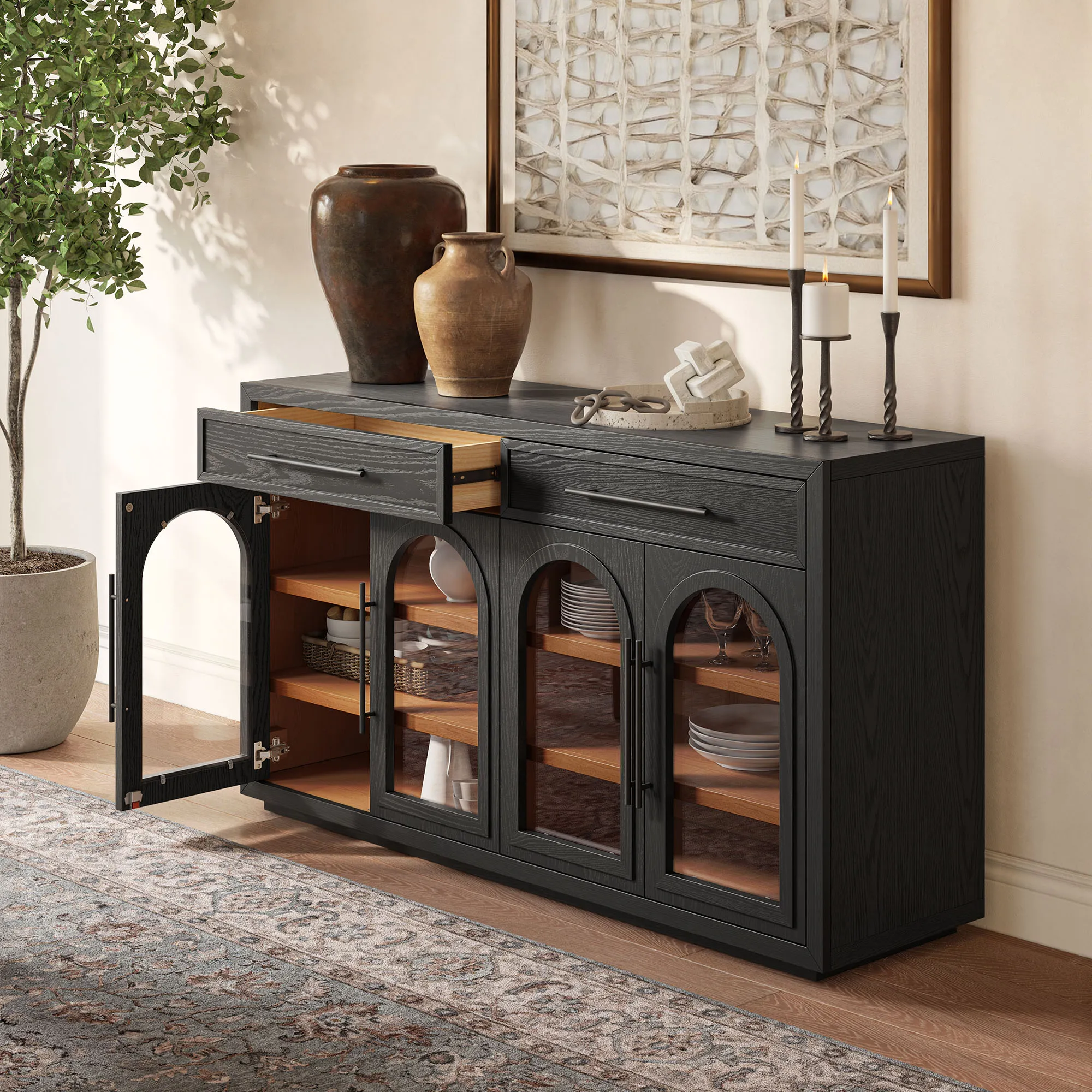 Lira Arched Sideboard with Glass Doors and Drawers - Black, Oak product