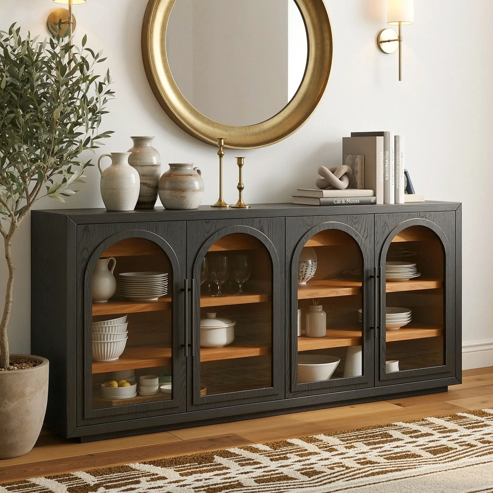 Lira Arched Sideboard with Storage and Drawers - Black, Oak product