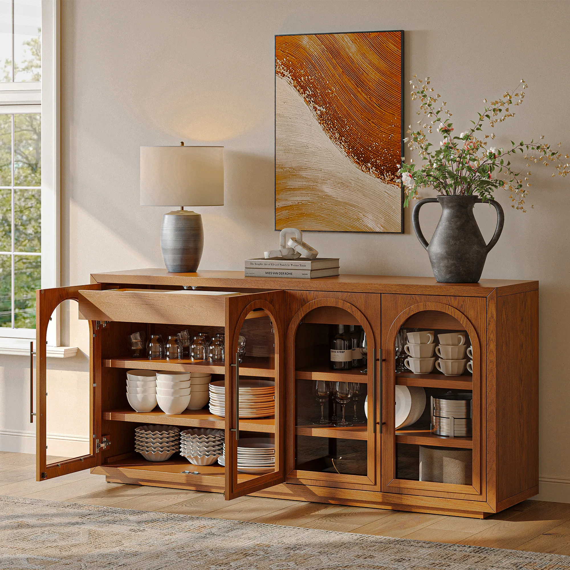 Lira Sideboard with Arched Glass Doors & Storage - Warm Brown, Oak product