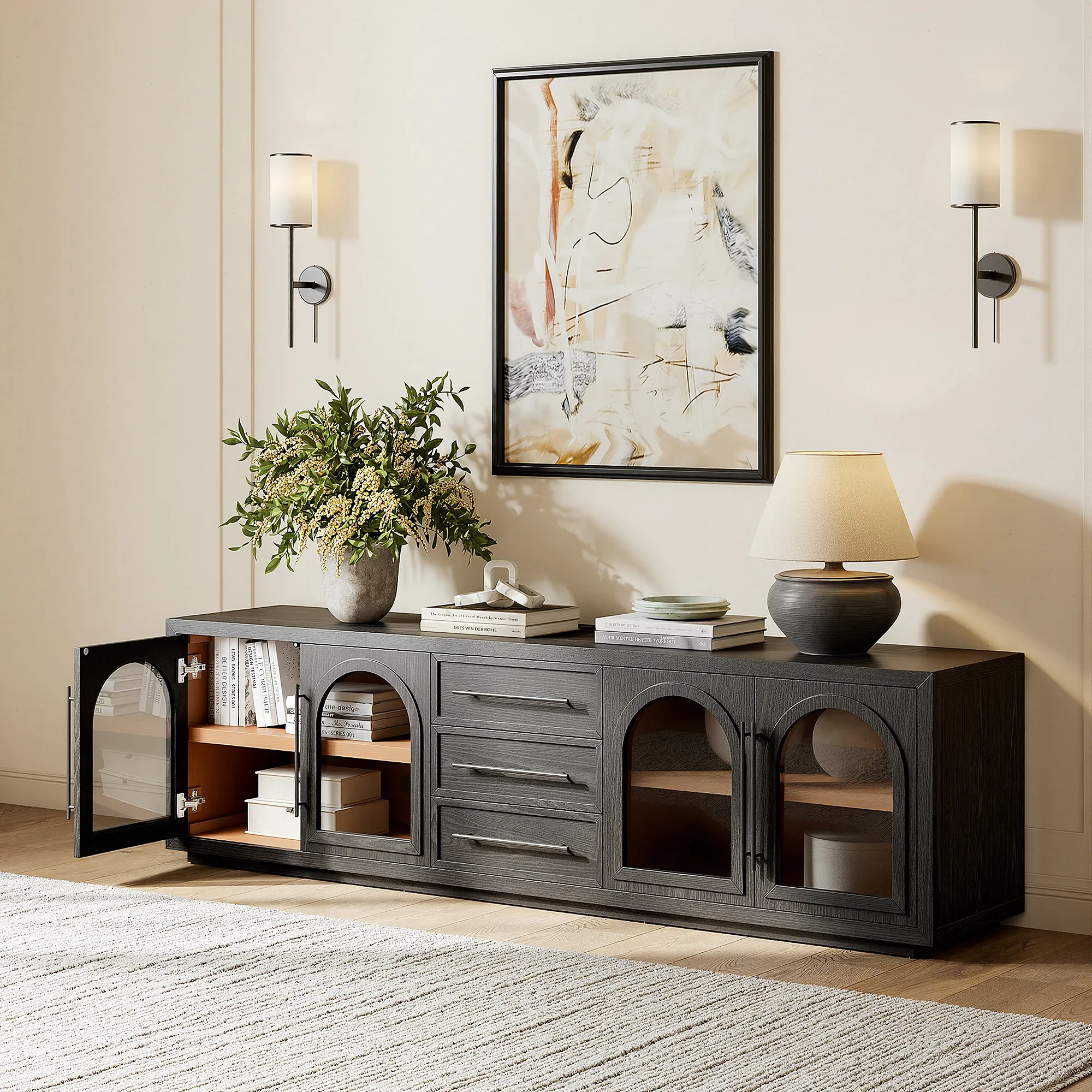 Lira TV Stand with 3 Drawers and Storage - Black, Oak product