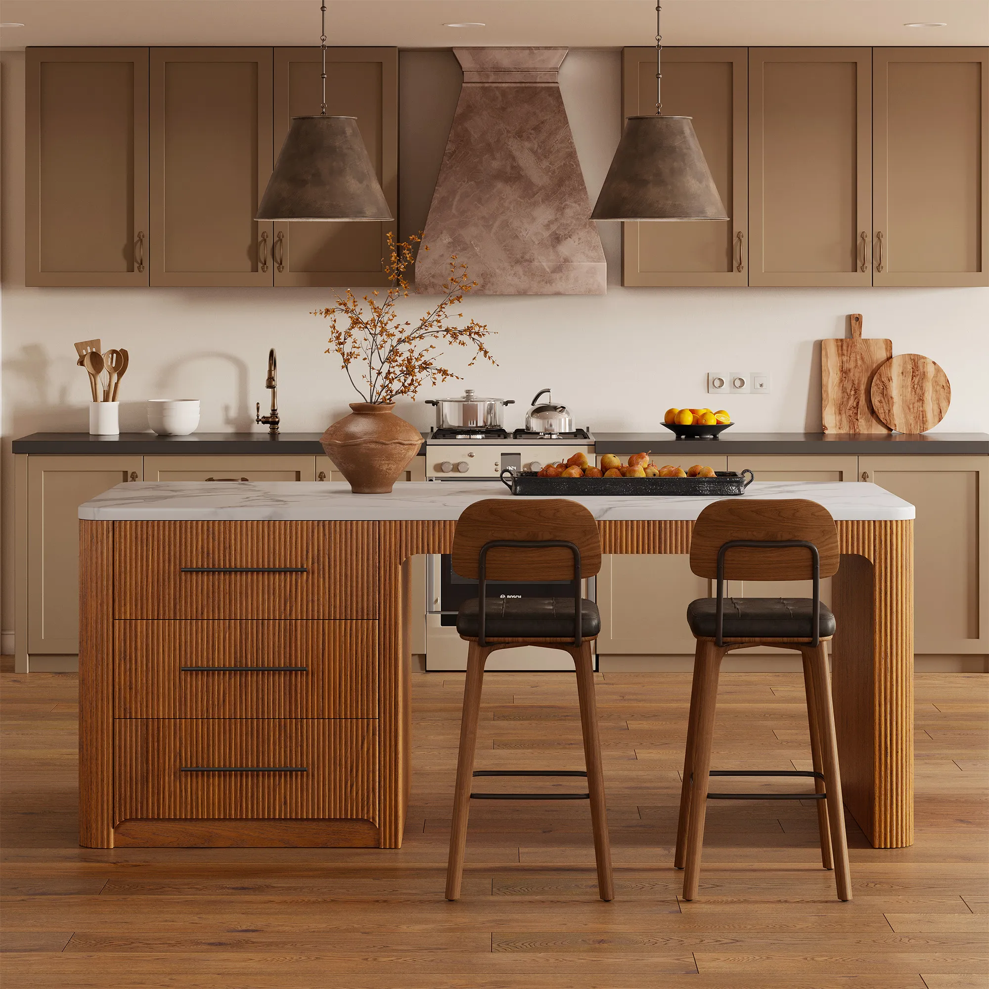 Lorenzo 90 Fluted Kitchen Island with Stone Countertop - Brown product