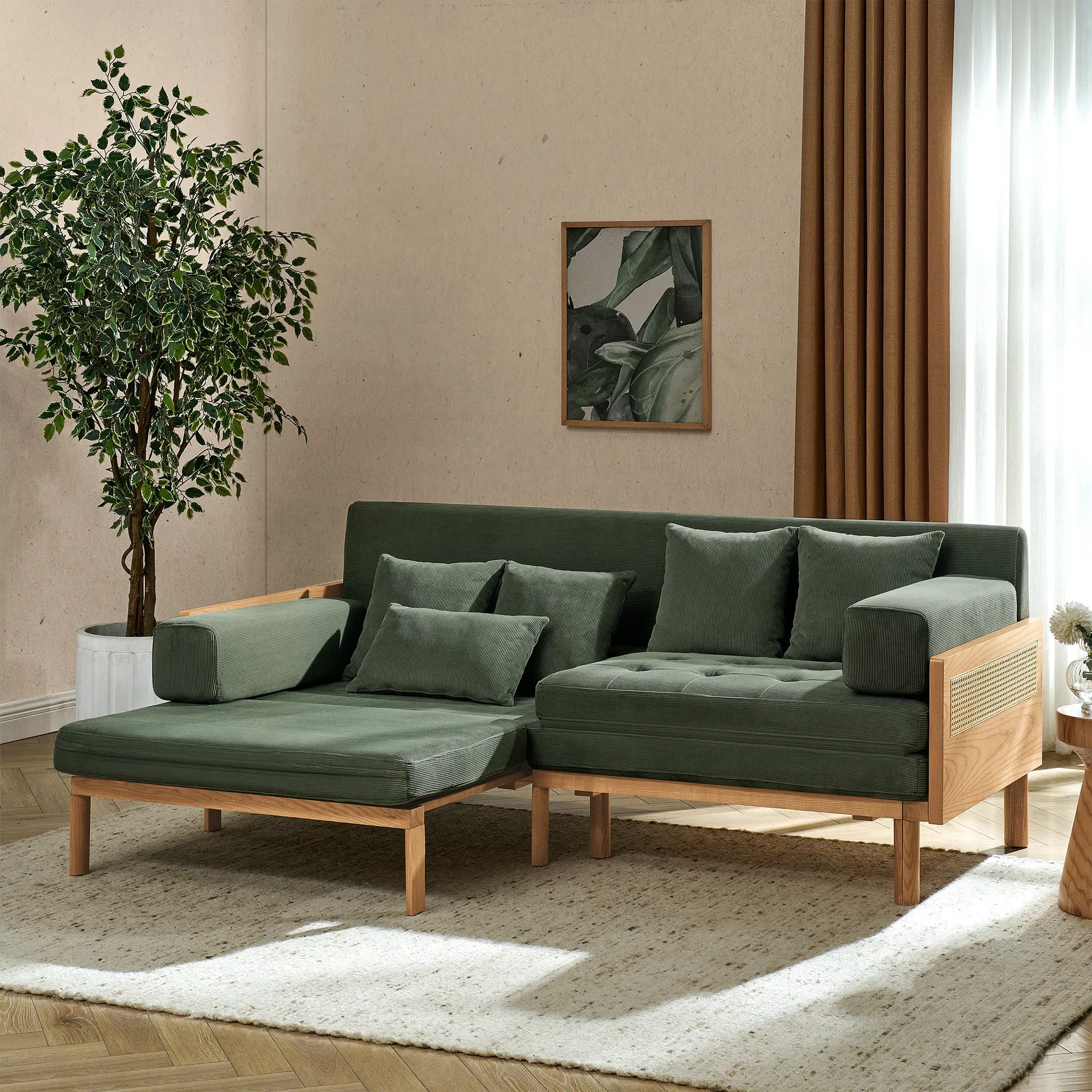 Lumi Pull-out Sofa Bed with Ash Wood Frame - Green, Corduroy product