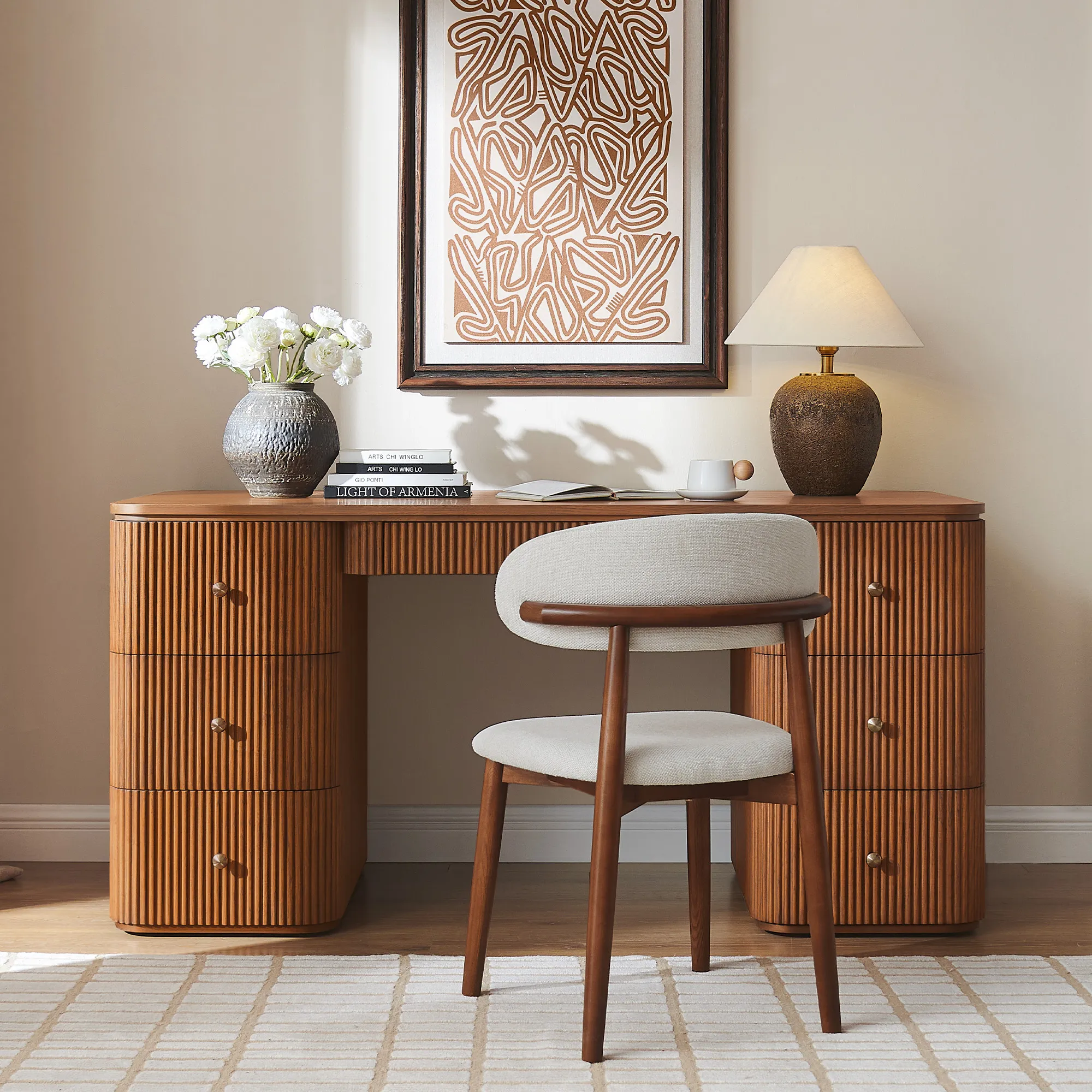 Lundbord Writing Desk with 7 Drawers, Fluted - Brown, Oak product