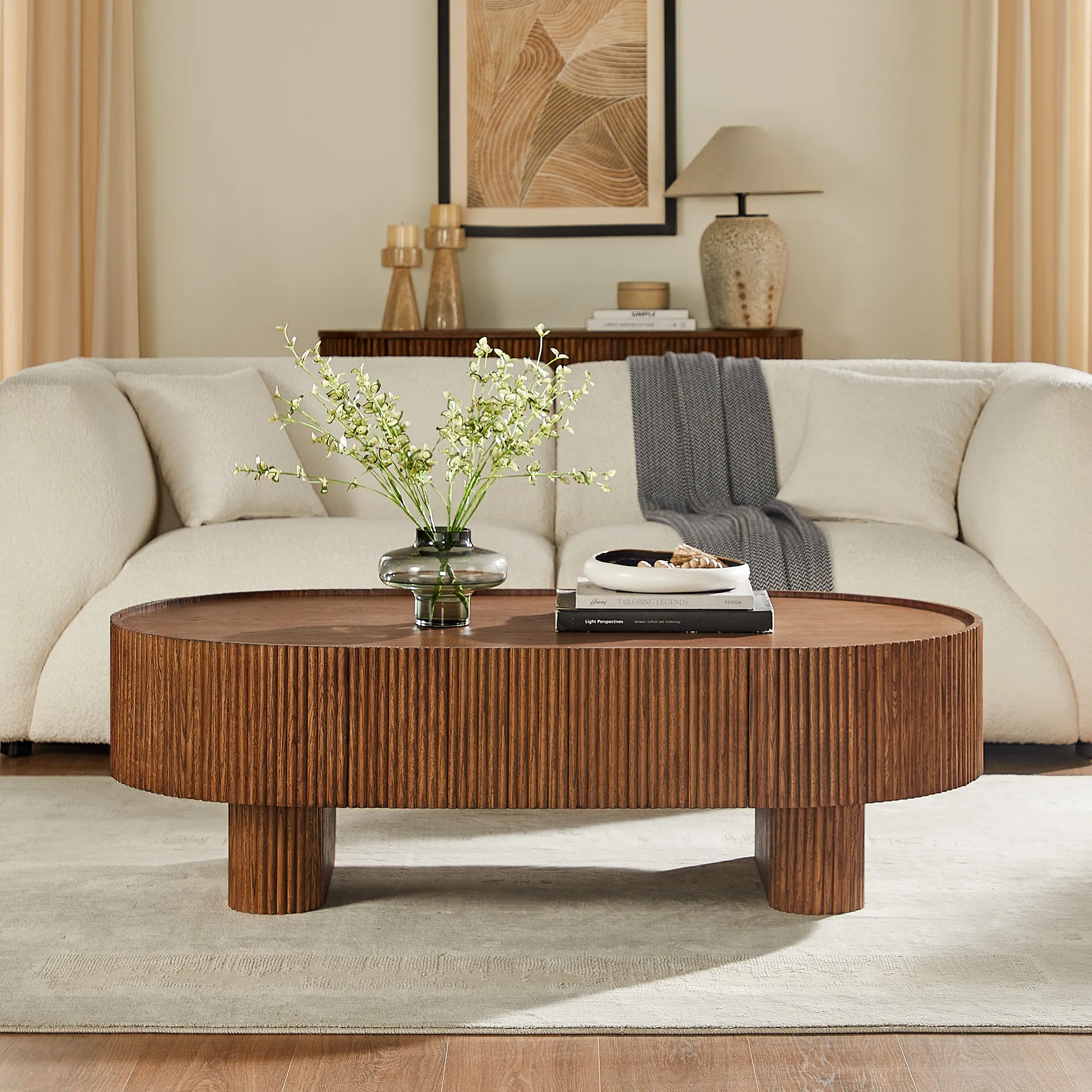 Marisol 55 Inch Oval Coffee Table with Drawer - Warm Brown, Oak product