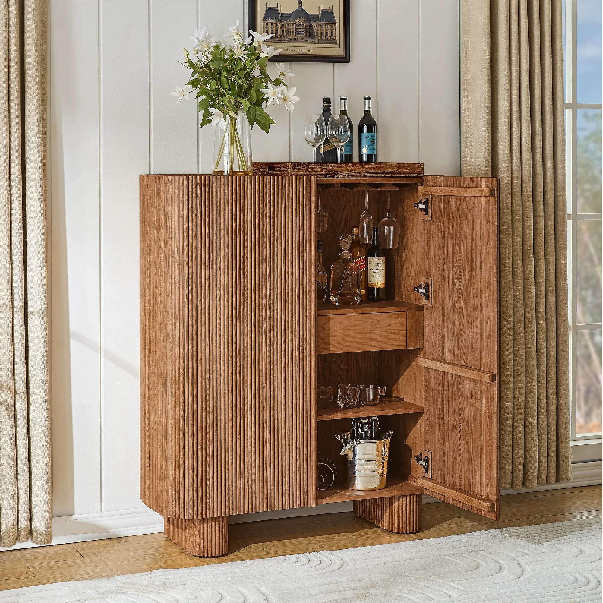 Marisol Fluted Bar Cabinet with Storage - Brown, Oak product