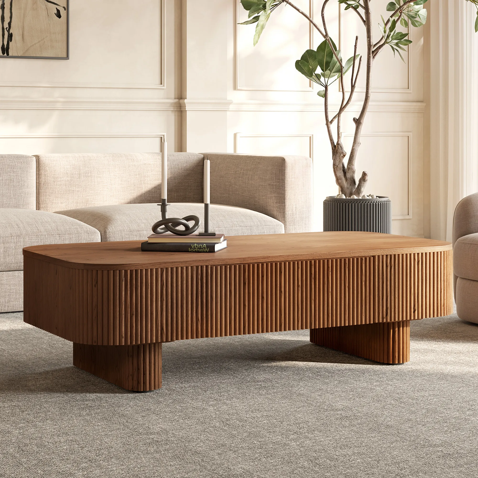 Marisol Fluted Coffee Table with Drawers - Warm Brown, Oak product