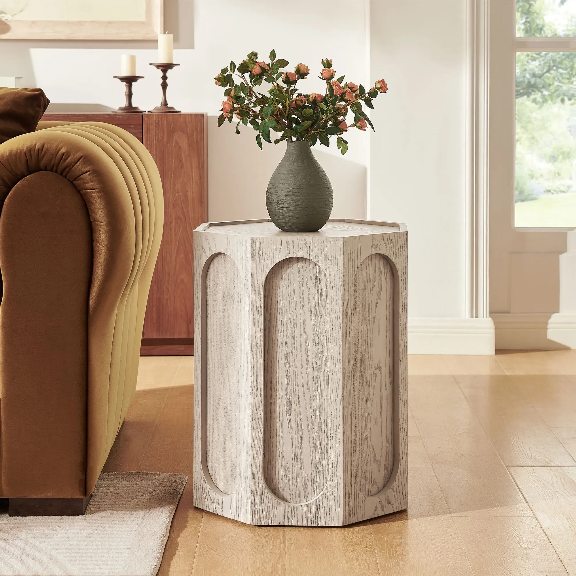 Neci Hexagonal Side Table - Whitewash, Solid Wood product