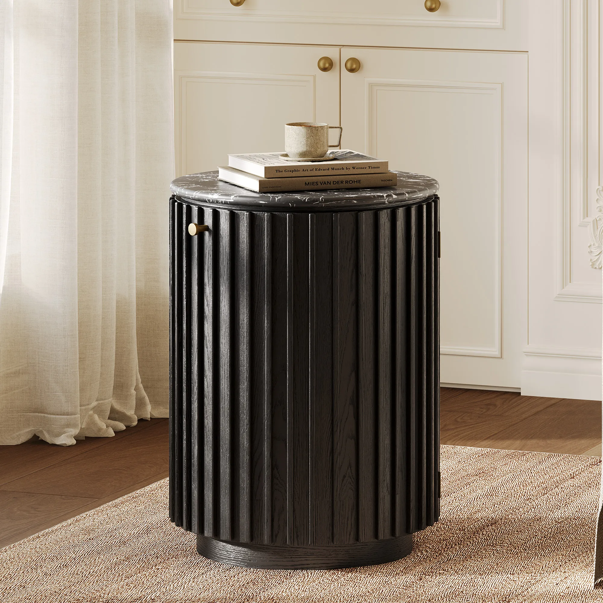 Olina Round Side Table with Engineered Stone Top - Black, Oak product