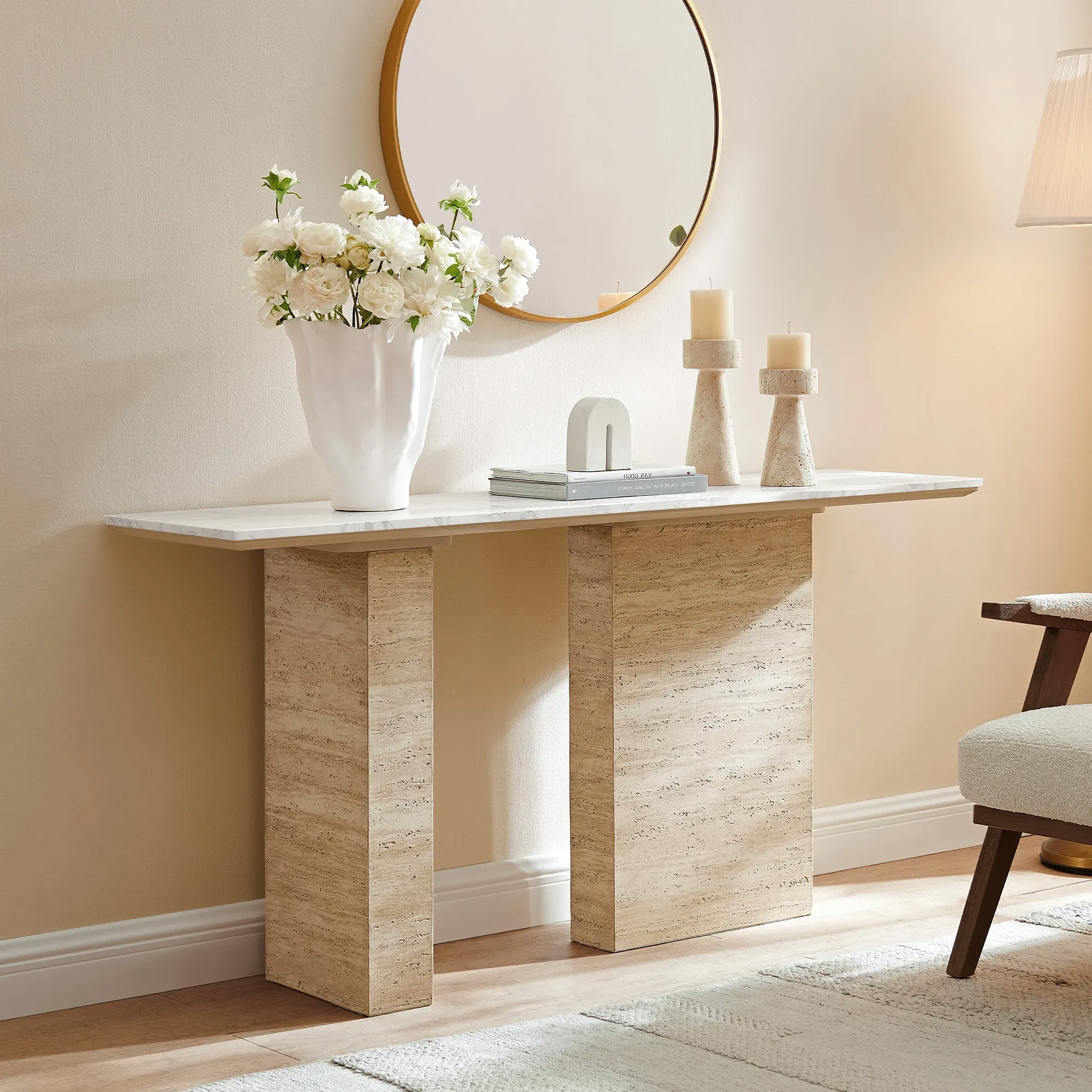 Renata Console Table with Travertine-Textured Stone Top - Beige product