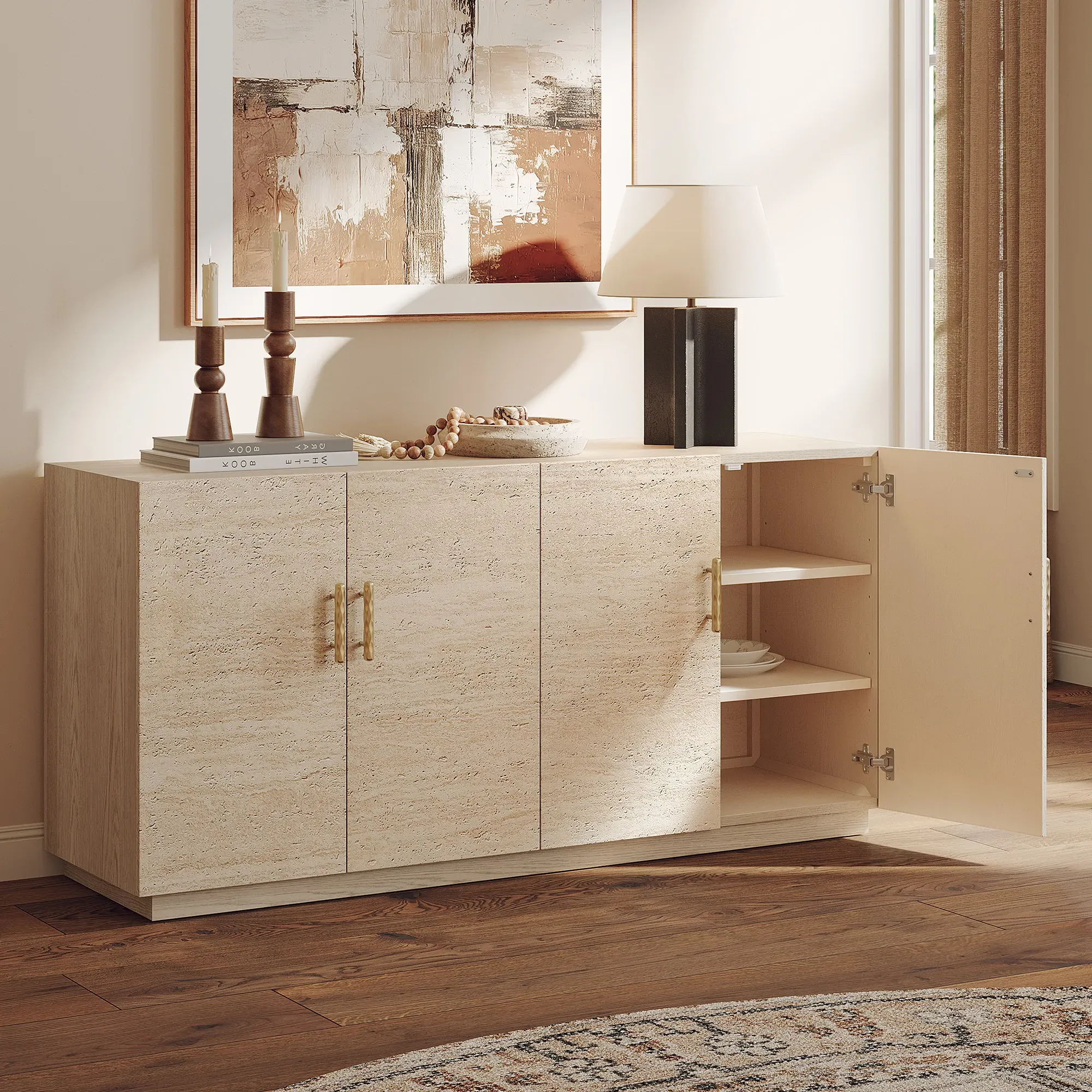 Renata Sideboard with Metal Handles - Beige, Engineered Wood product