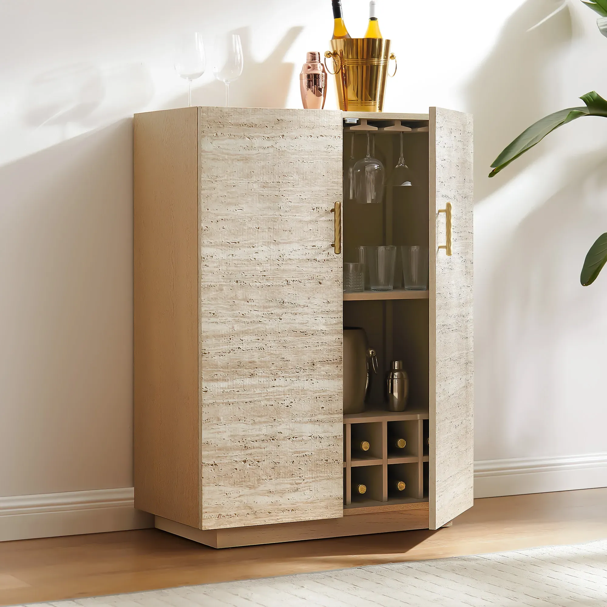 Renata Tall Bar Cabinet with Storage - Beige, Travertine product