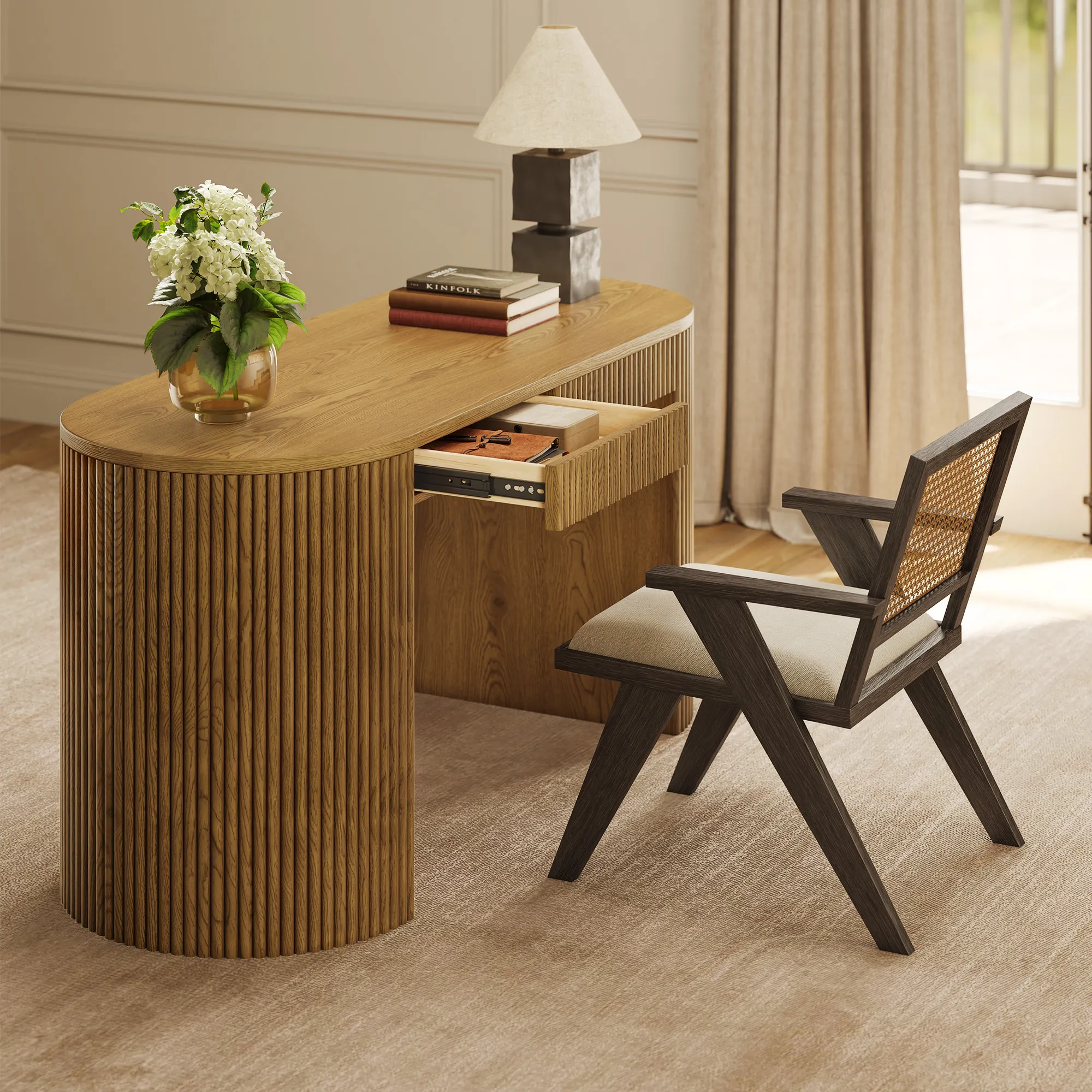 Rolf 61" Oval Desk with 2 Drawers - Brown, Oak product