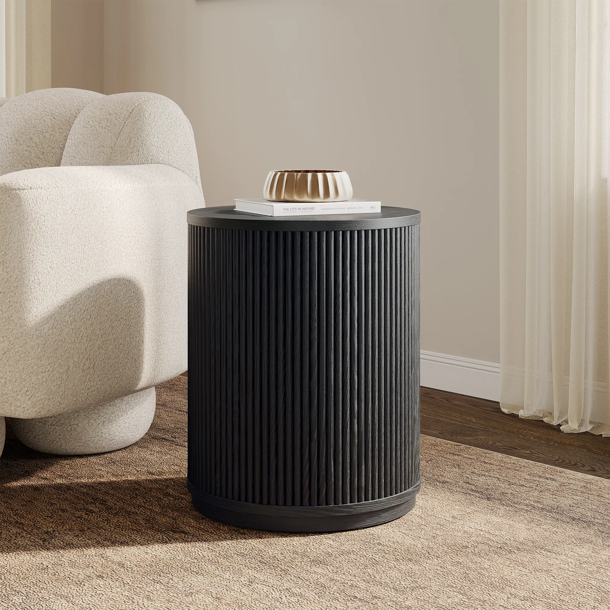 Rolf Fluted Round Side Table with Storage - Black, Oak product