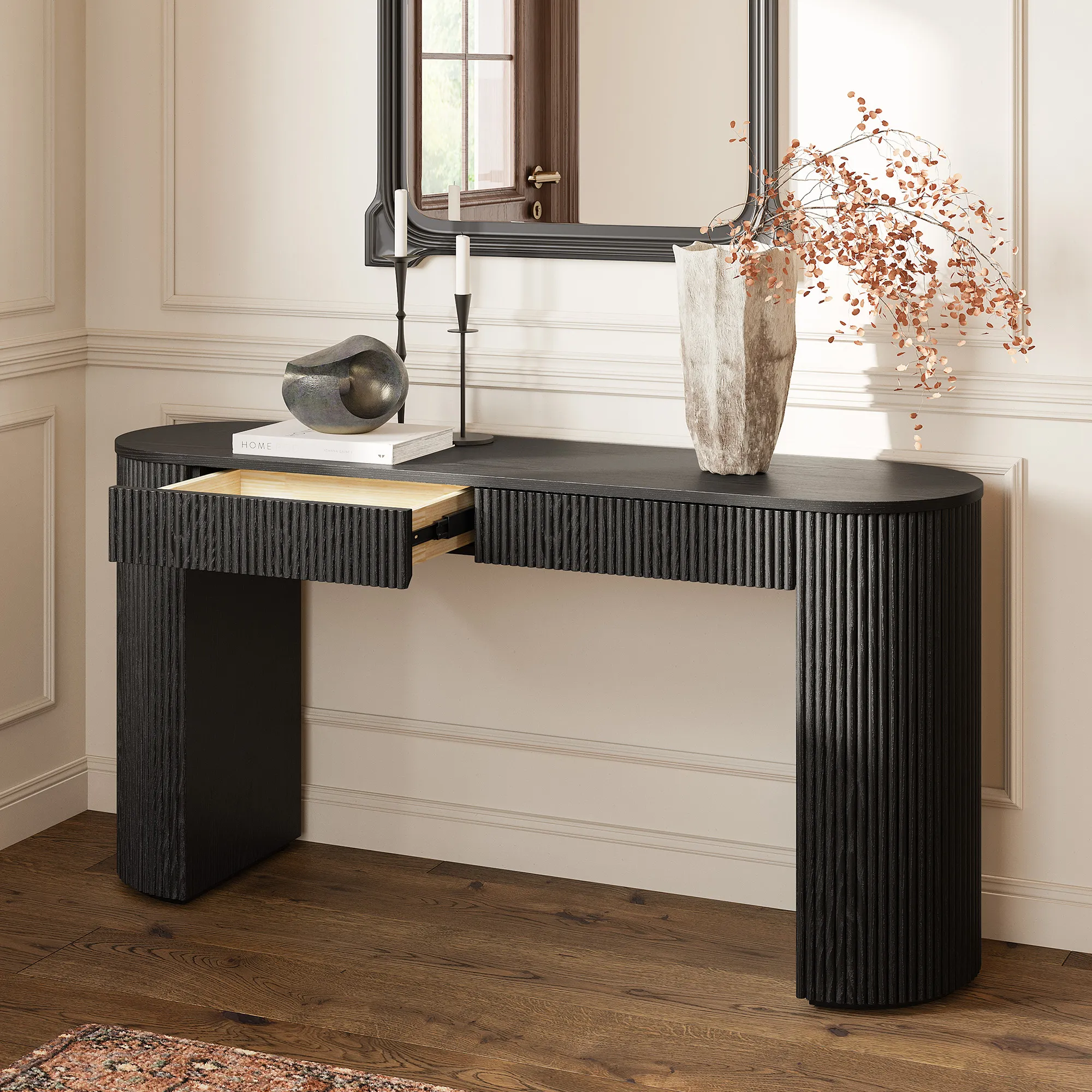 Rolf Oval Console Table with 2 Drawers - Black, Oak product