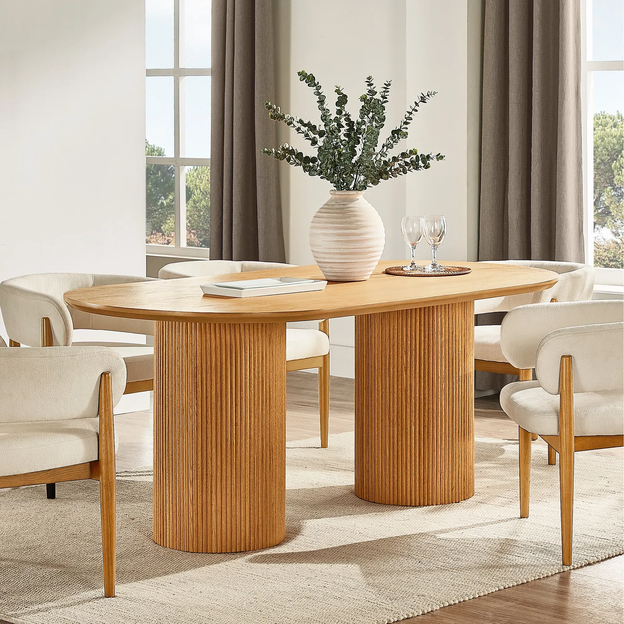 Rolf Oval Dining Table Fluted Double Pedestal - Natural, Oak product