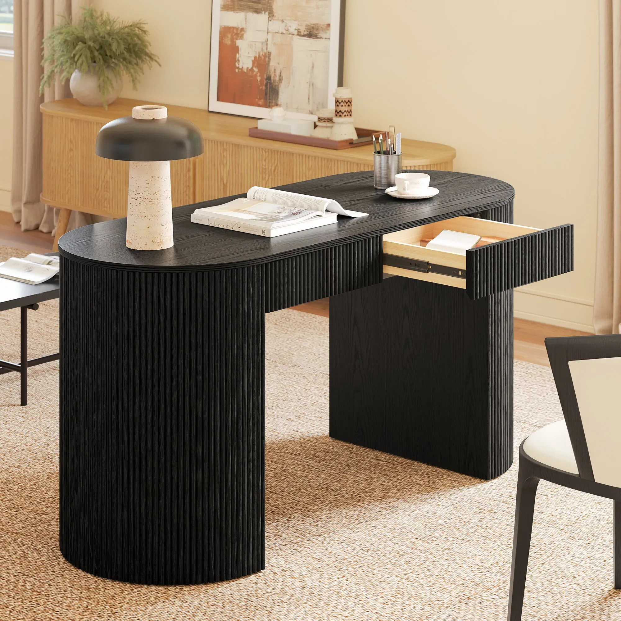 Rolf Oval Standing Writing Desk with Storage - Black, Oak product
