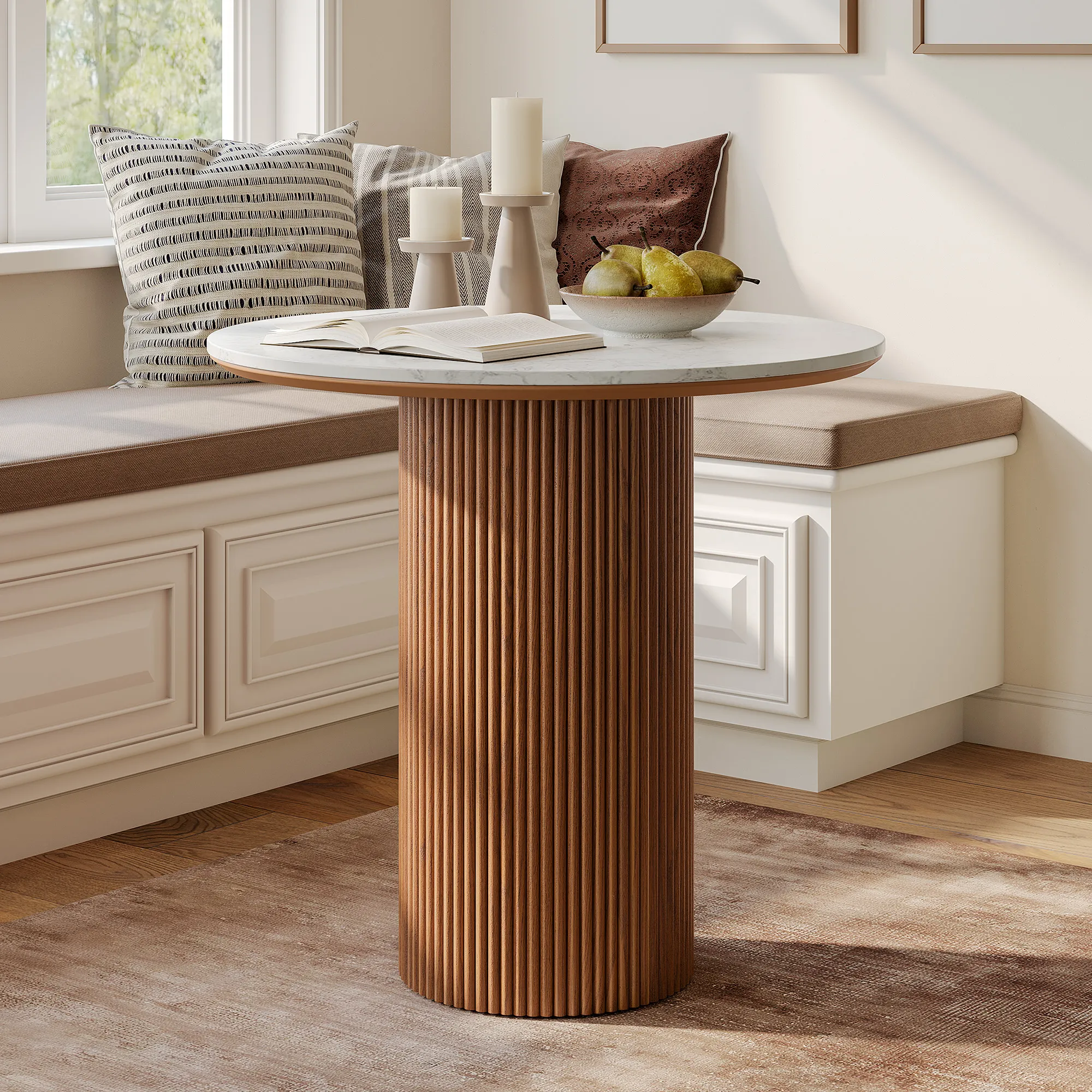 Rolf Round Dining Table Fluted Oak Base - White, Engineered Stone product