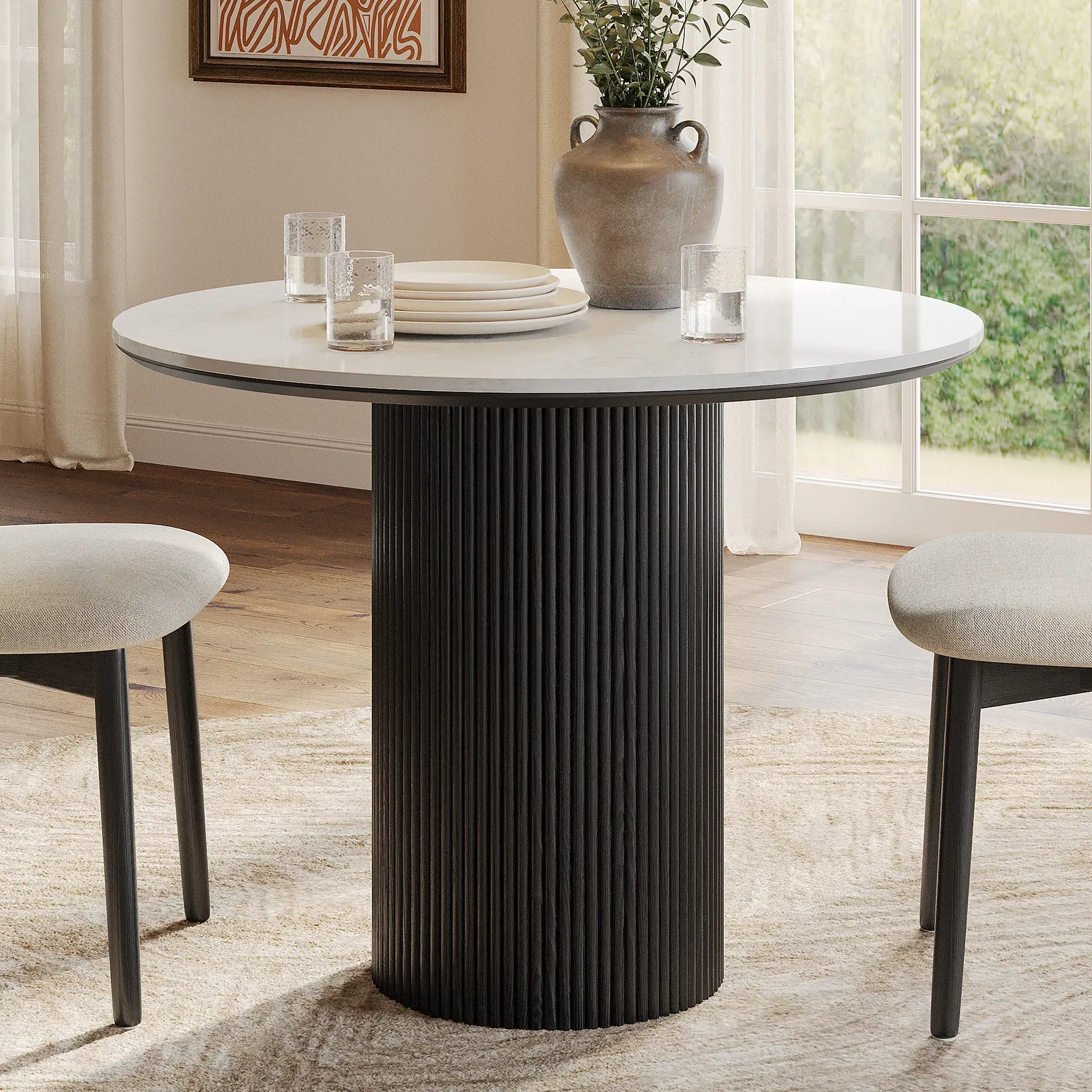 Rolf Round Dining Table Fluted Pedestal Base - Black, Stone product